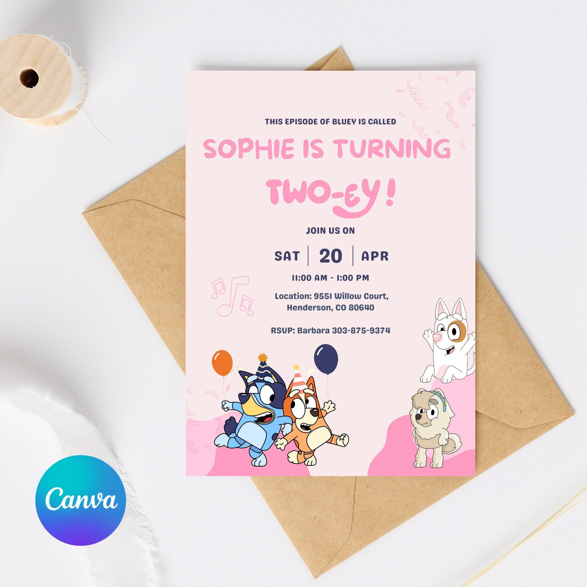 Bluey Girl Invite, Girls Bluey Birthday Invitation, Bluey birthday party, bluey editable template, bluey twoey