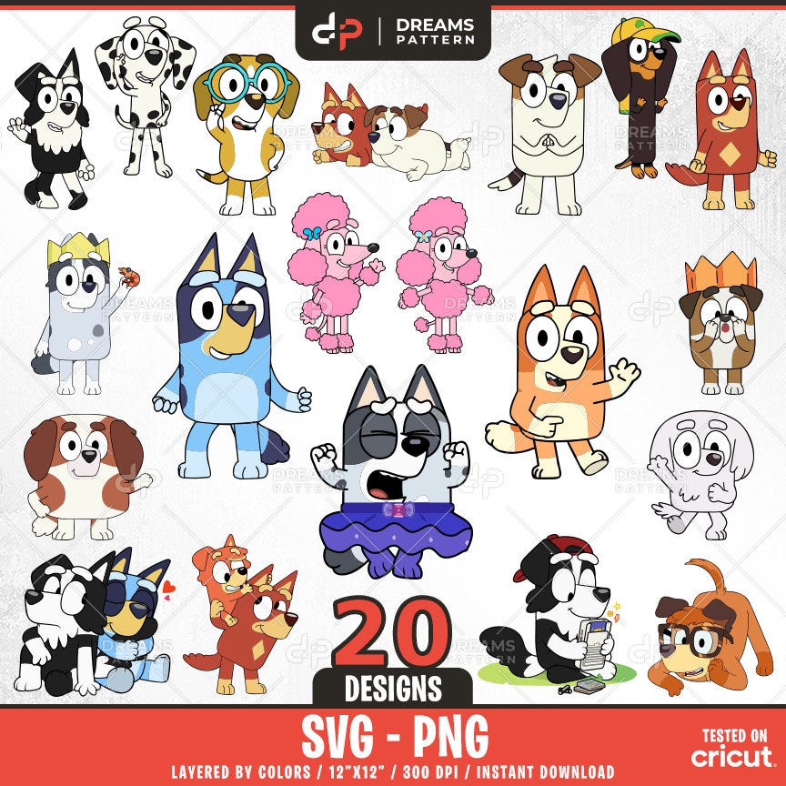 Blue Dog and Bingo Friends Svg, 20 Designs Easy to use, Cartoon Characters, Layered Svg by colors, Transparent Png, Cut files for Cricut.