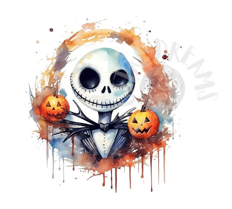 Set of 7 Watercolor Jack Skellington Halloween Digital Images for T-Shirts, Posters, Cards and More - JPEG, PNG, PDF
