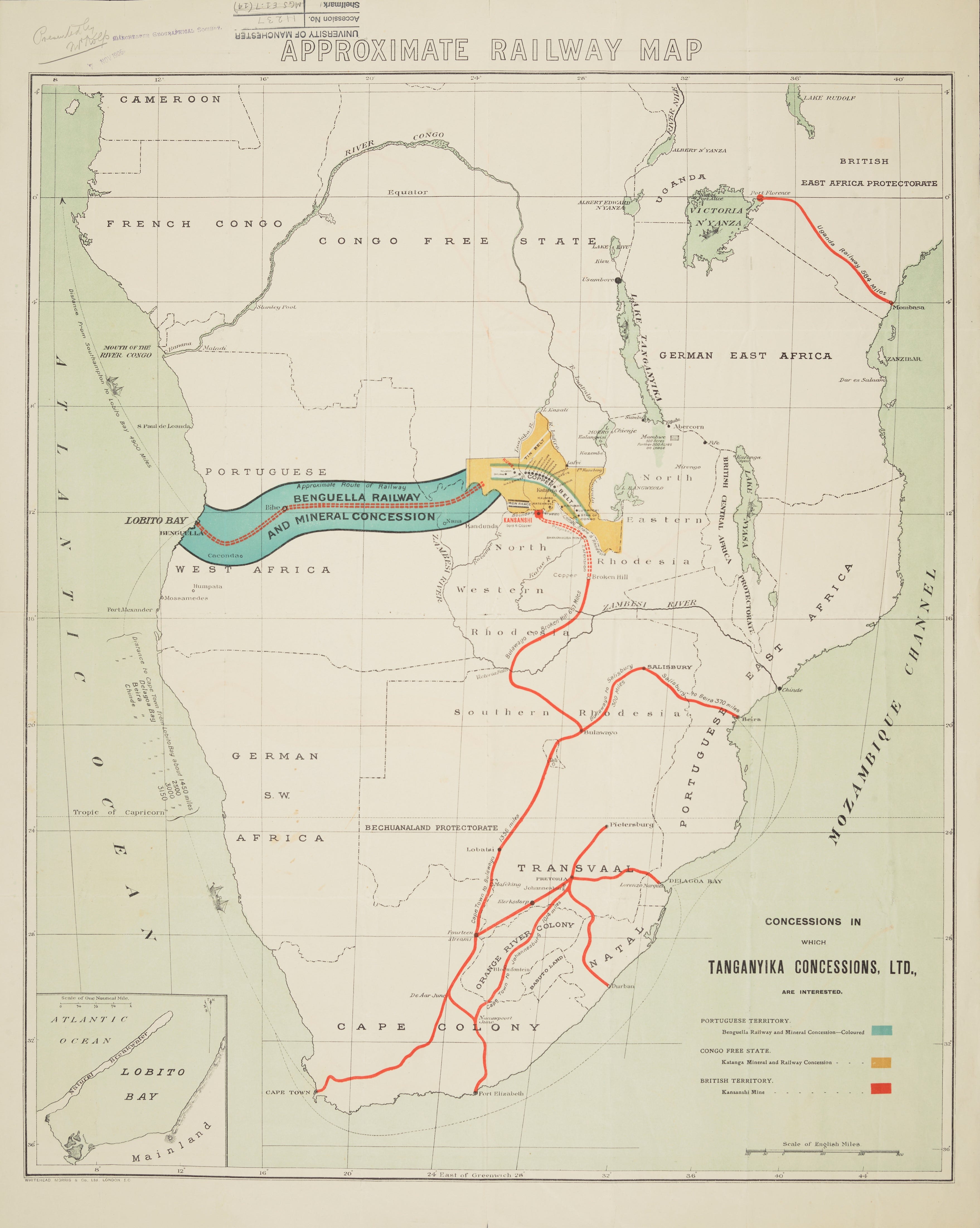 Map of South Africa showing Portuguese, Congo Free State and British concessions, including minerals, mines and railways. Map also shows borders of French, British, German and Portuguese possessions.