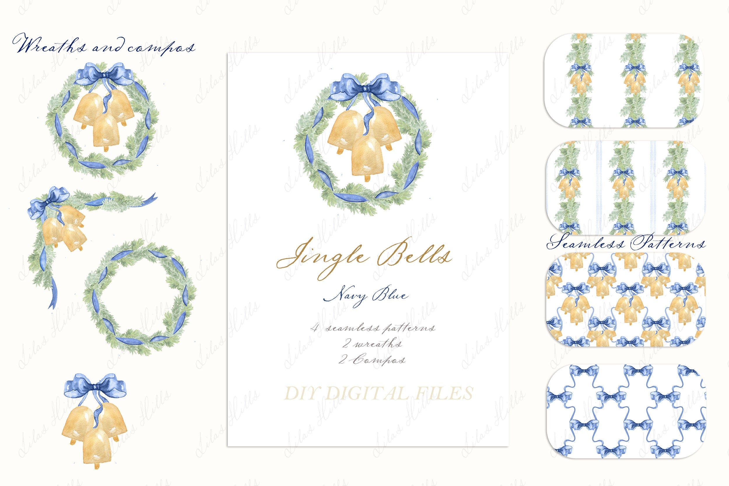 Jingle Bells Vintage Christmas.  Navy Blue and Spruces DIY Digital Clipart. Digital paper Christmas Wreath