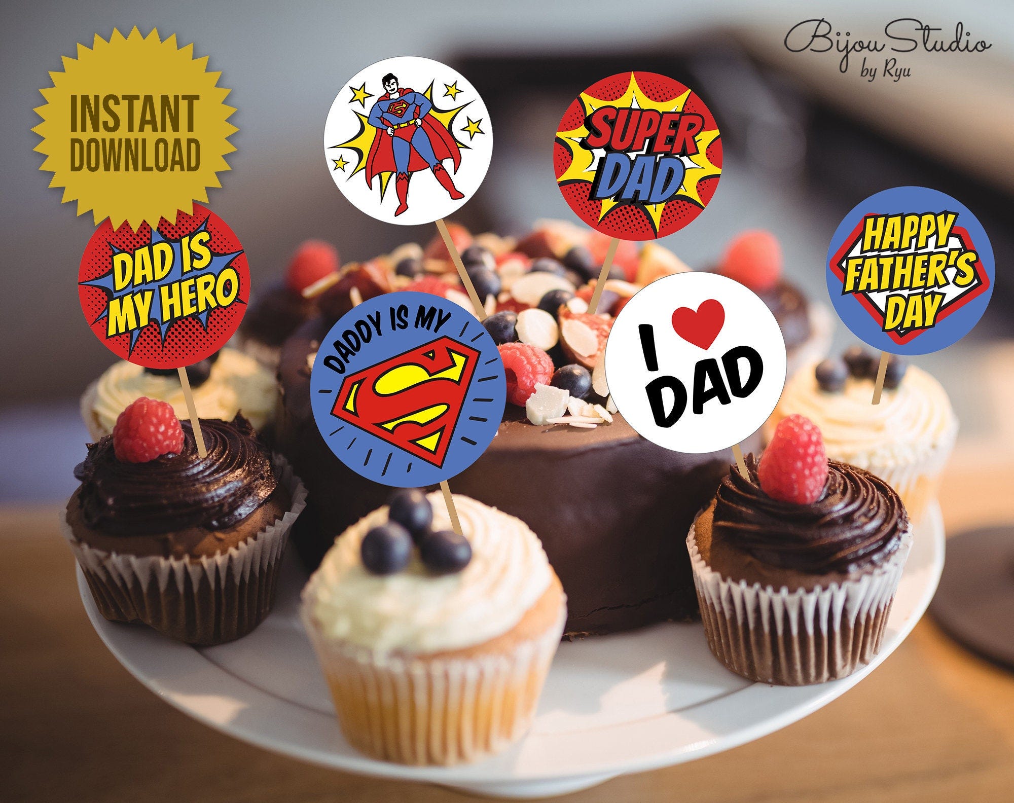 Printable Super dad Cake Topper, Happy Fathers Day Topper, 2" Round Fathers Day Favor Tag, Gift Tag For Dad, Instant Download, Cookie Tag