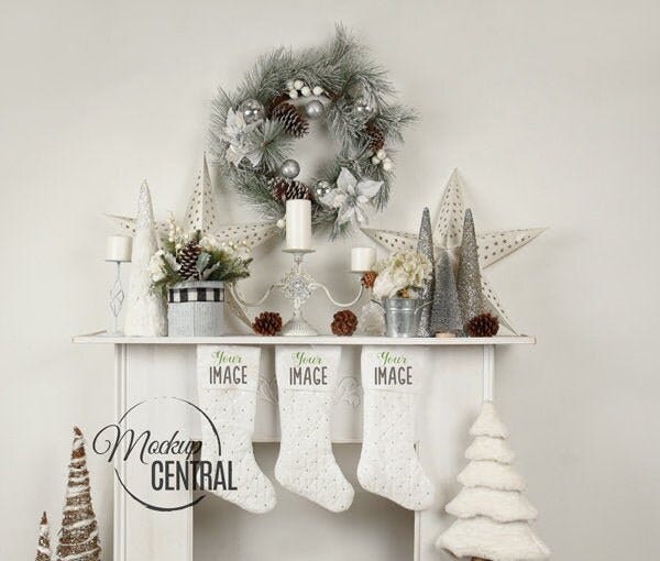 Christmas Stocking Mockup - Styled Stock Photography, Blank White Hanging Stockings on Fireplace Photo Mock Up, JPG Digital Download