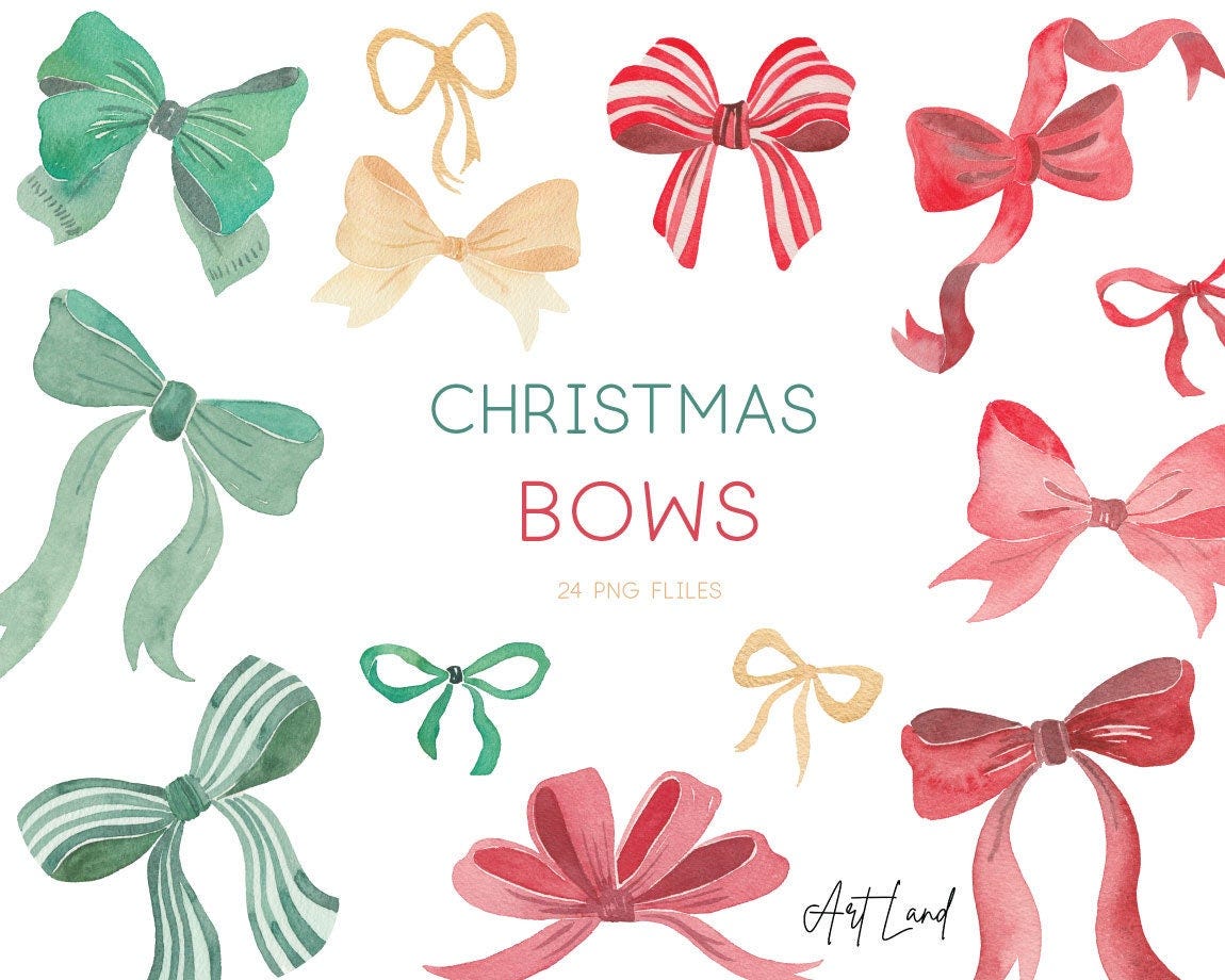 Christmas Bows Clipart, Hand painted Holiday Bows Digital, Watercolor Clipart, Green Red Ribbon Clipart, Watercolor Clip Art, PNG