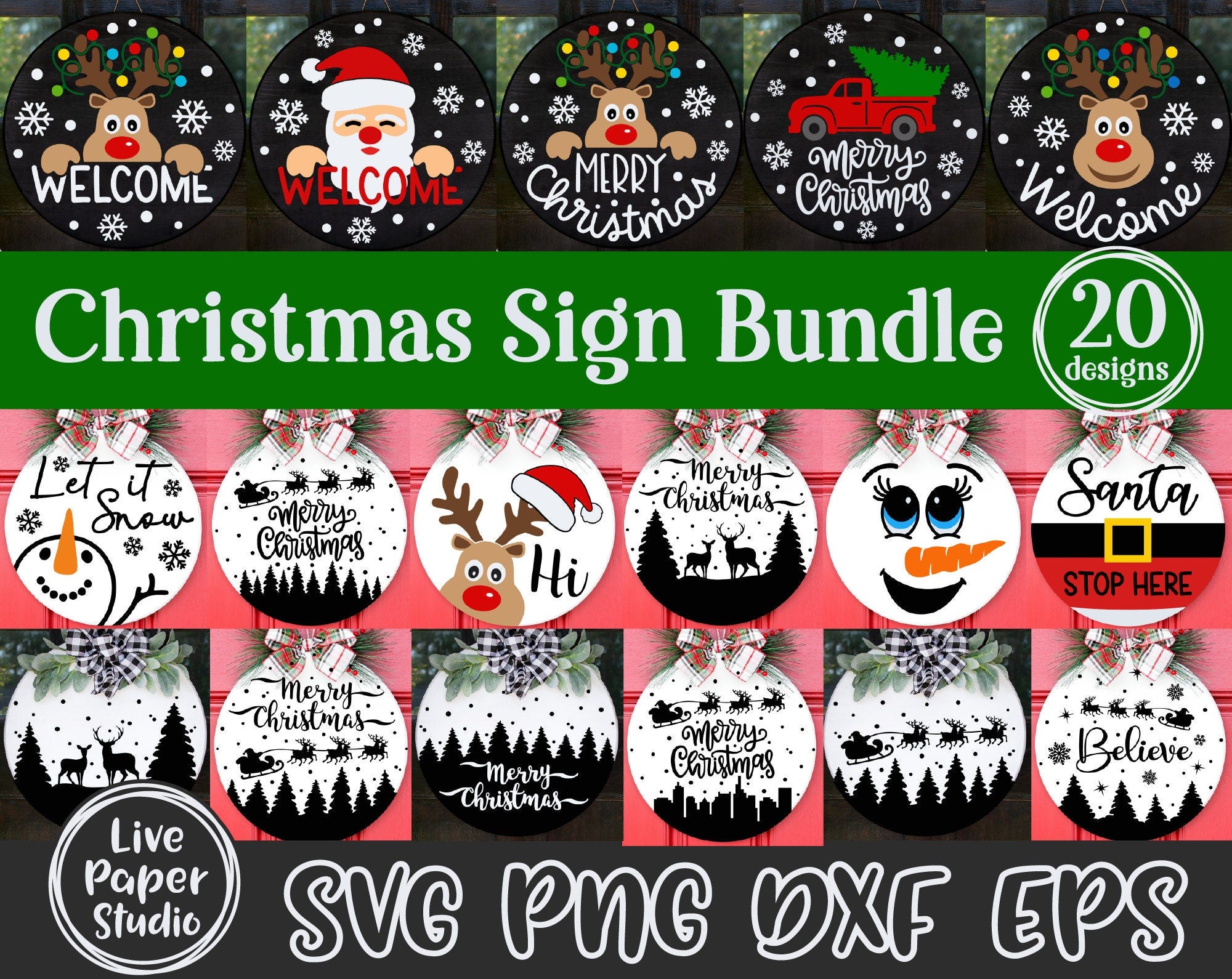 Christmas Door Sign Svg Bundle, Christmas Welcome Sign Svg, Christmas Round Sign, Reindeer, Santa, Digital Download Svg, Png, Dxf, Eps Files