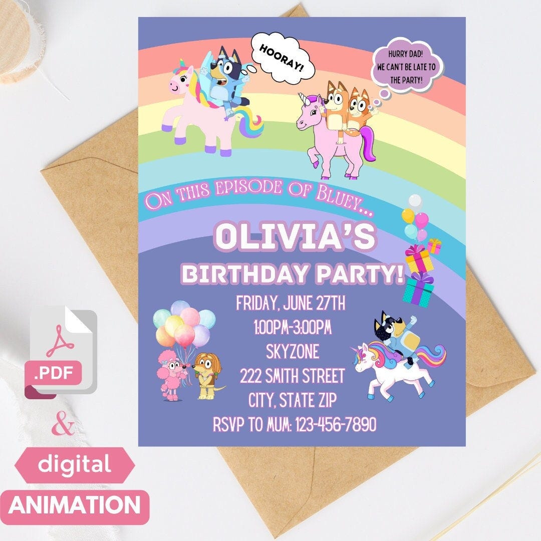 kids birthday party, bluey birthday party, bluey and bingo,unicorn birthday, animated invitation, custom birthday invite,theme song music