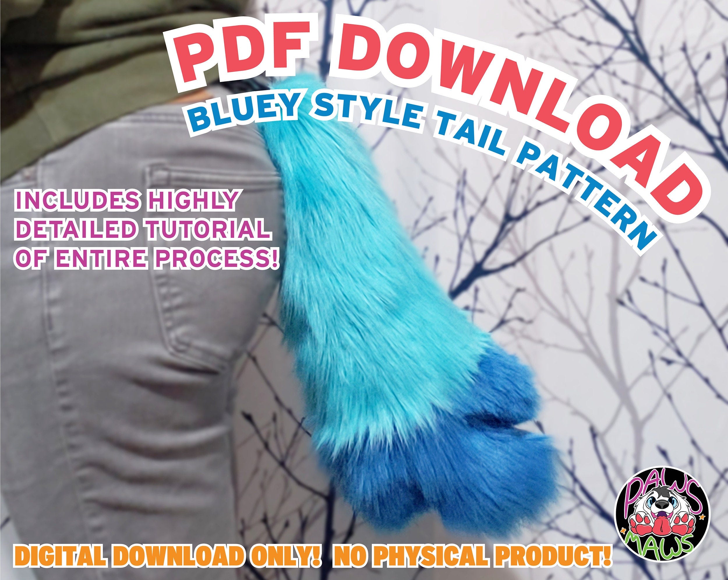PDF Pattern Download Bluey Style Cosplay Cartoon Dog Fursuit Tail Tutorial | DIY | Bingo | Bandit | Chili | Blue Heeler | Halloween Costume