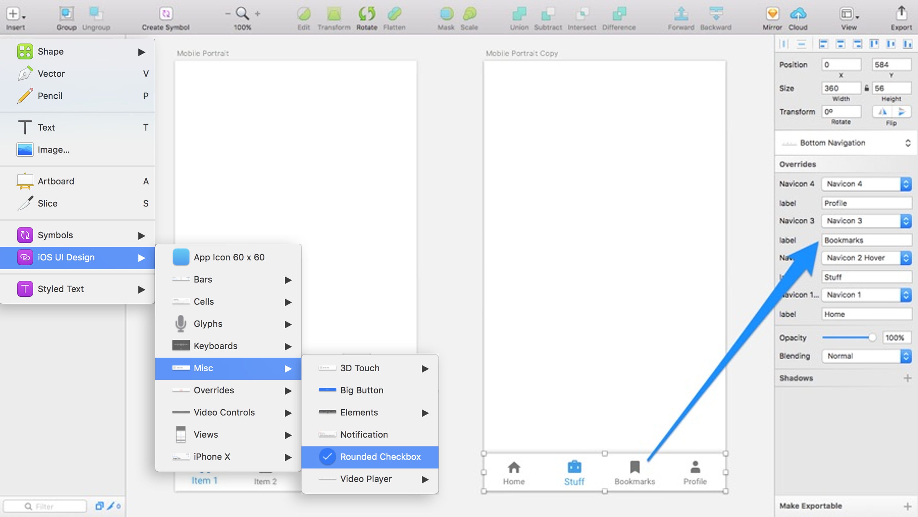 Image of the Sketch interface showing the organization of symbols.