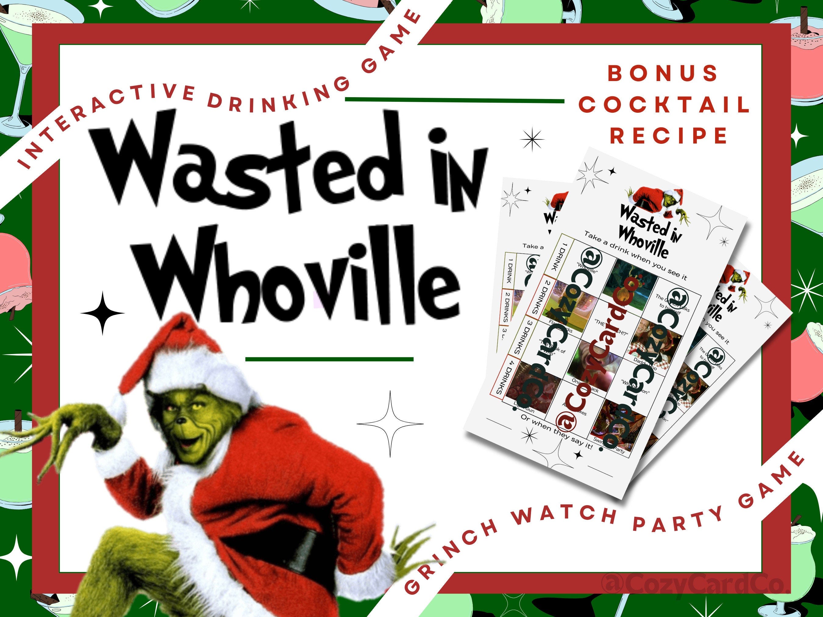 Wasted In Whoville - The Grinch Themed Christmas Party Drinking Game Grinch Christmas Party Invite & Cocktail Adult Christmas Party Games