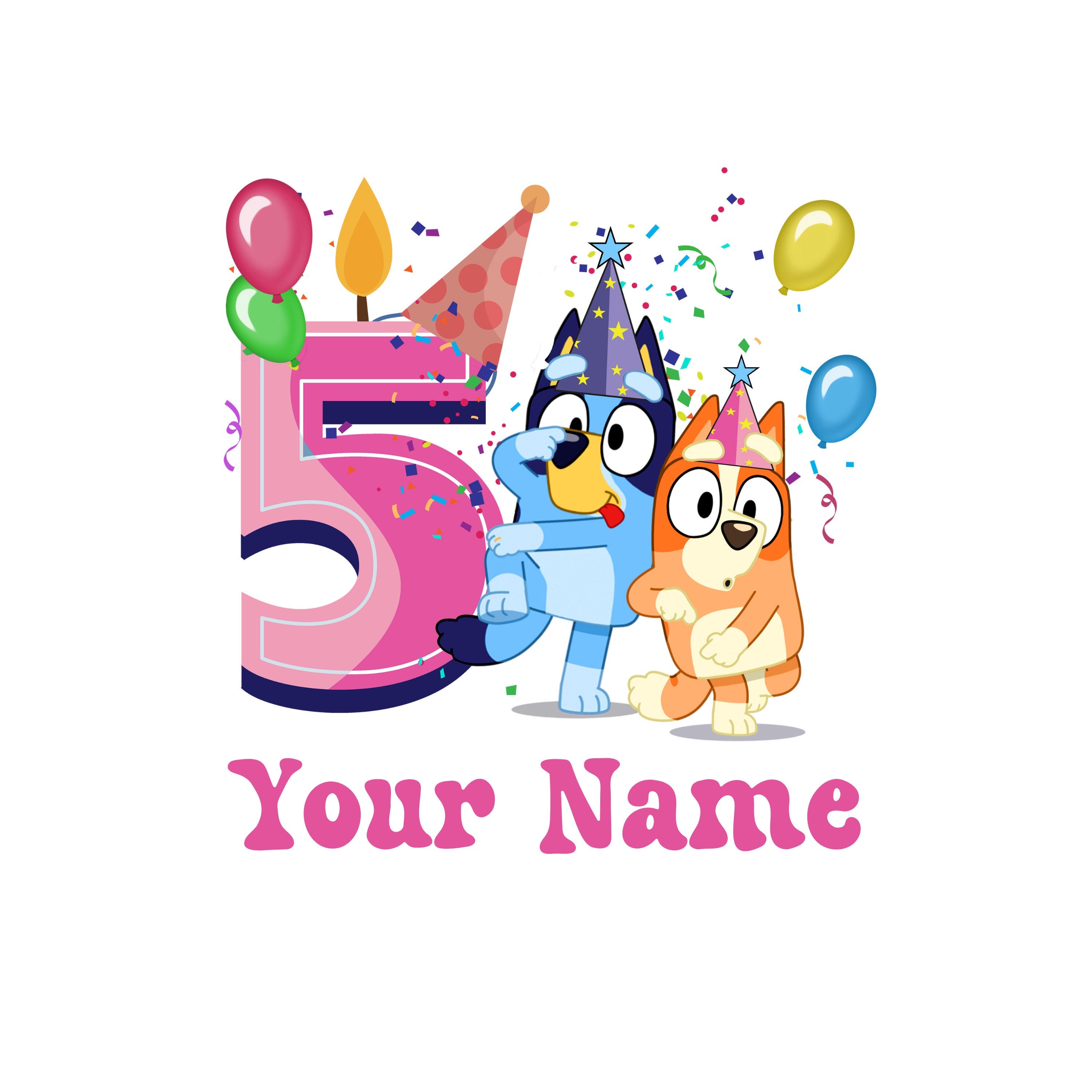 Blue Dog Birthday PNG Digital Download File Girl Age 5 Custom Name Colour Customise Sublimation Party Celebration Re-Size 300dpi Quality