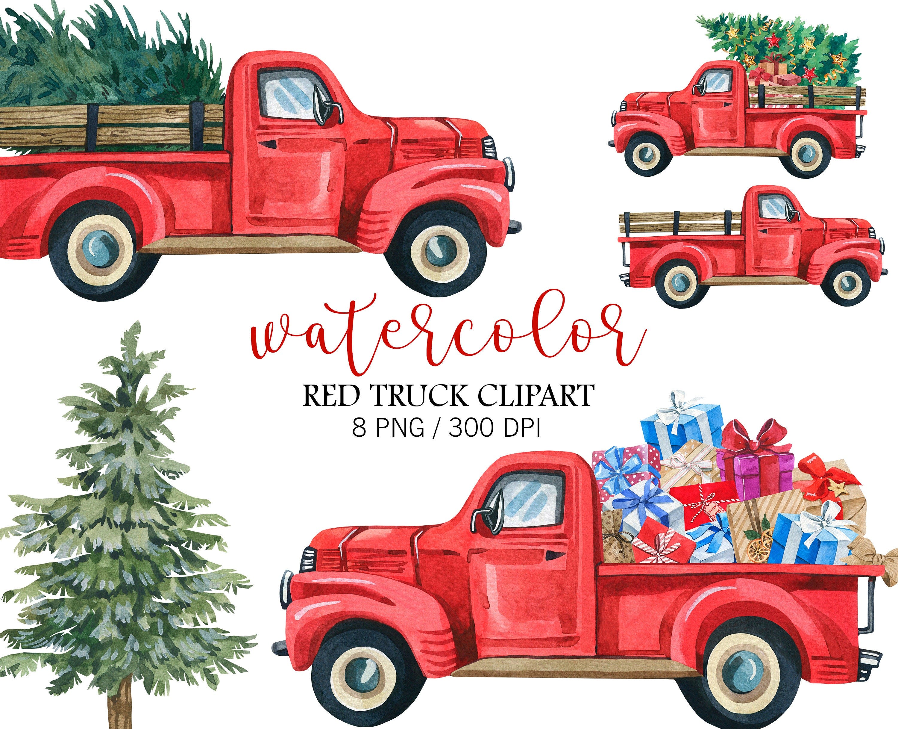 Watercolor Christmas Clipart, Watercolor Red Truck Clipart, Chtrictmas Decor, Christmas Clipart, Christmas Tree, Merry Christmas PNG,