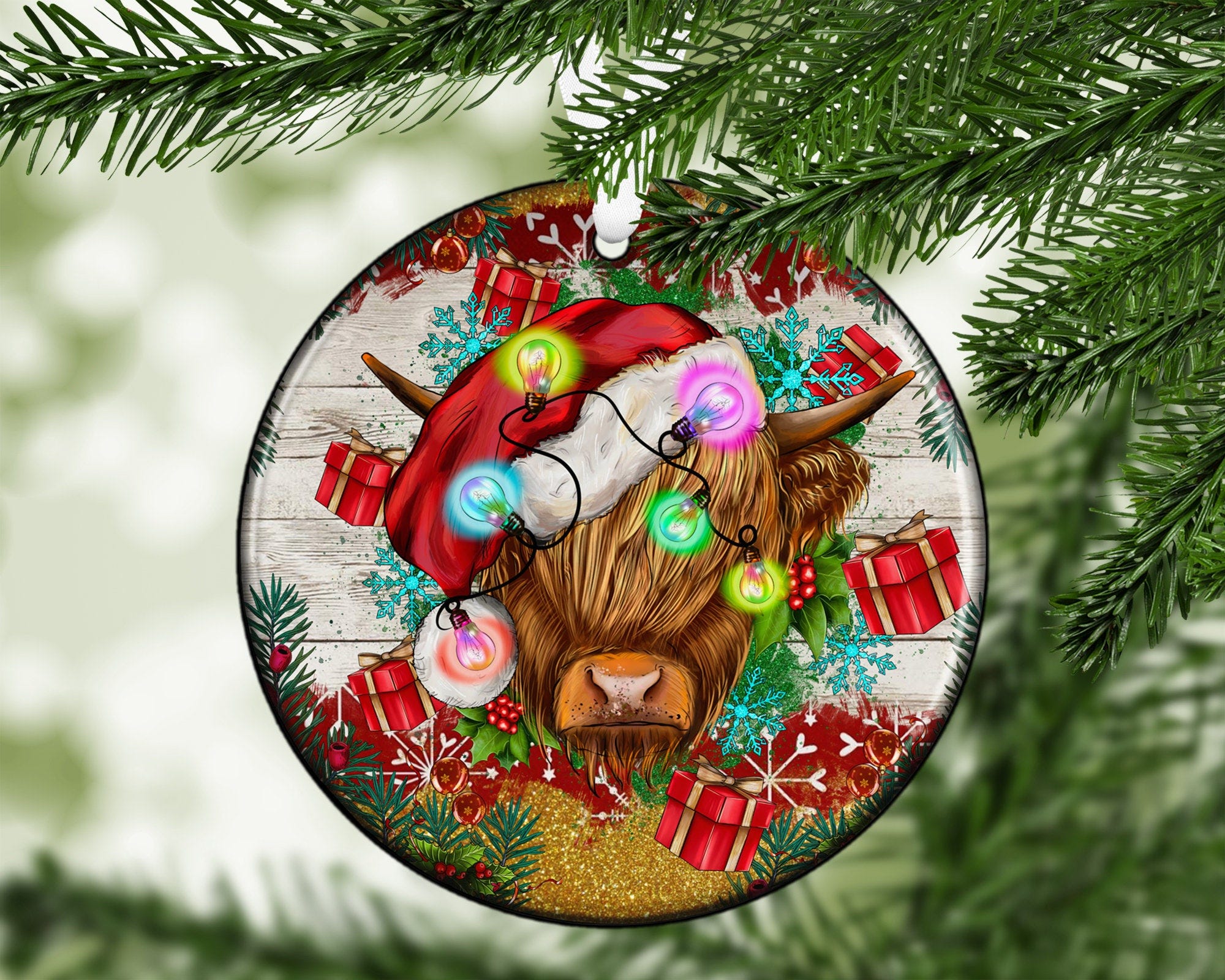 Highland Cow Christmas Ornament Png, Western Christmas Ornament Png, Round Christmas Ornament,Christmas Ornament Sublimation Design Download