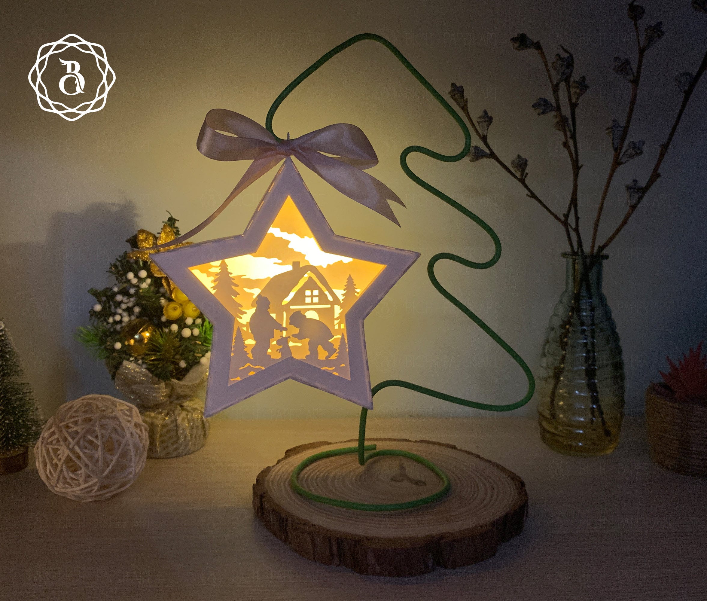 Hanger Lantern Star Merry Christmas With Childs - Paper Cut Lamp Merry Christmas - Xmas Star Lantern SVG - Paper Cut Christmas Ornaments
