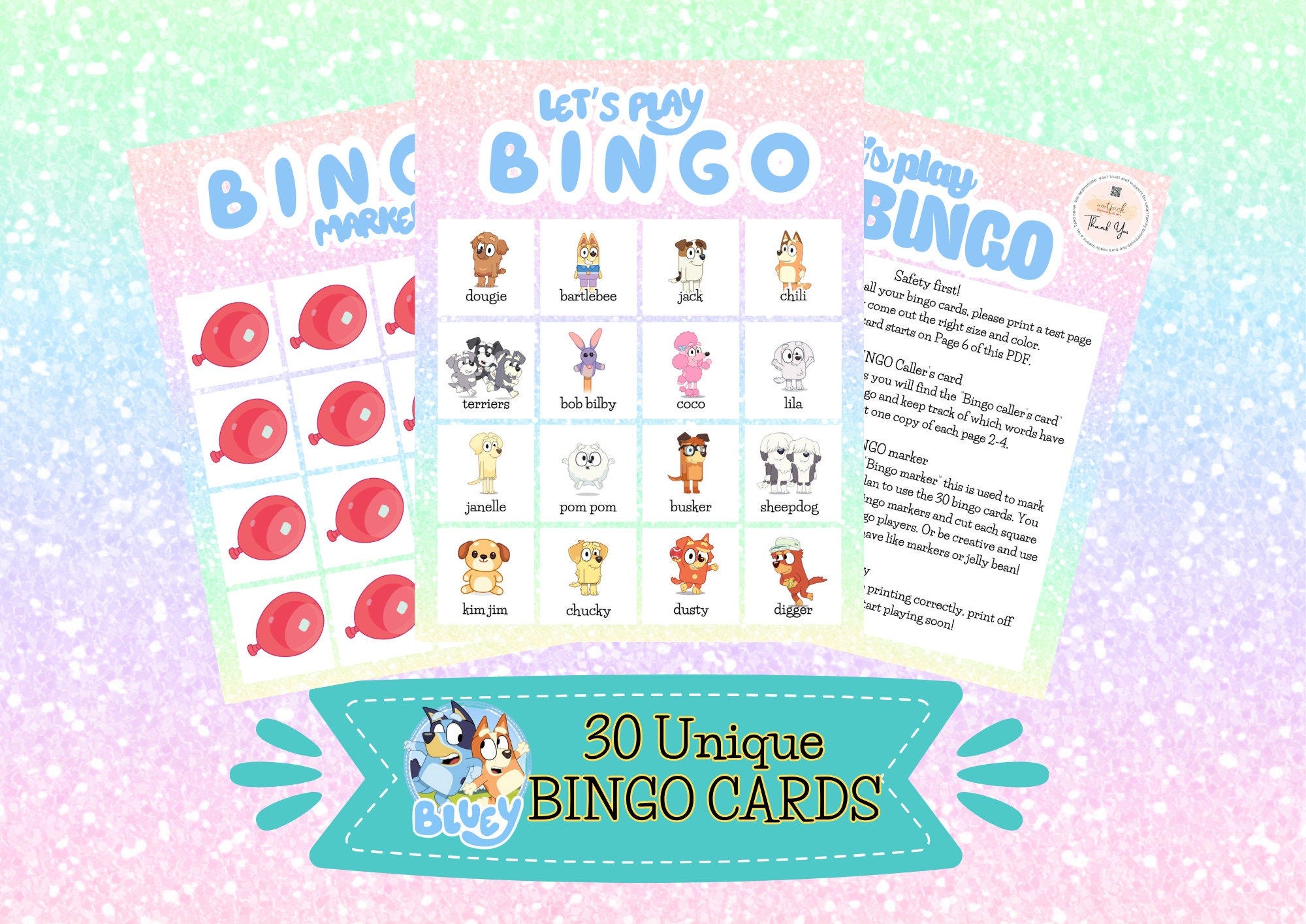 30 Unique Bluey Bingo Cards - Birthday Party Games, Preschool, Kindergarten activity PDF Printable File Instant Download