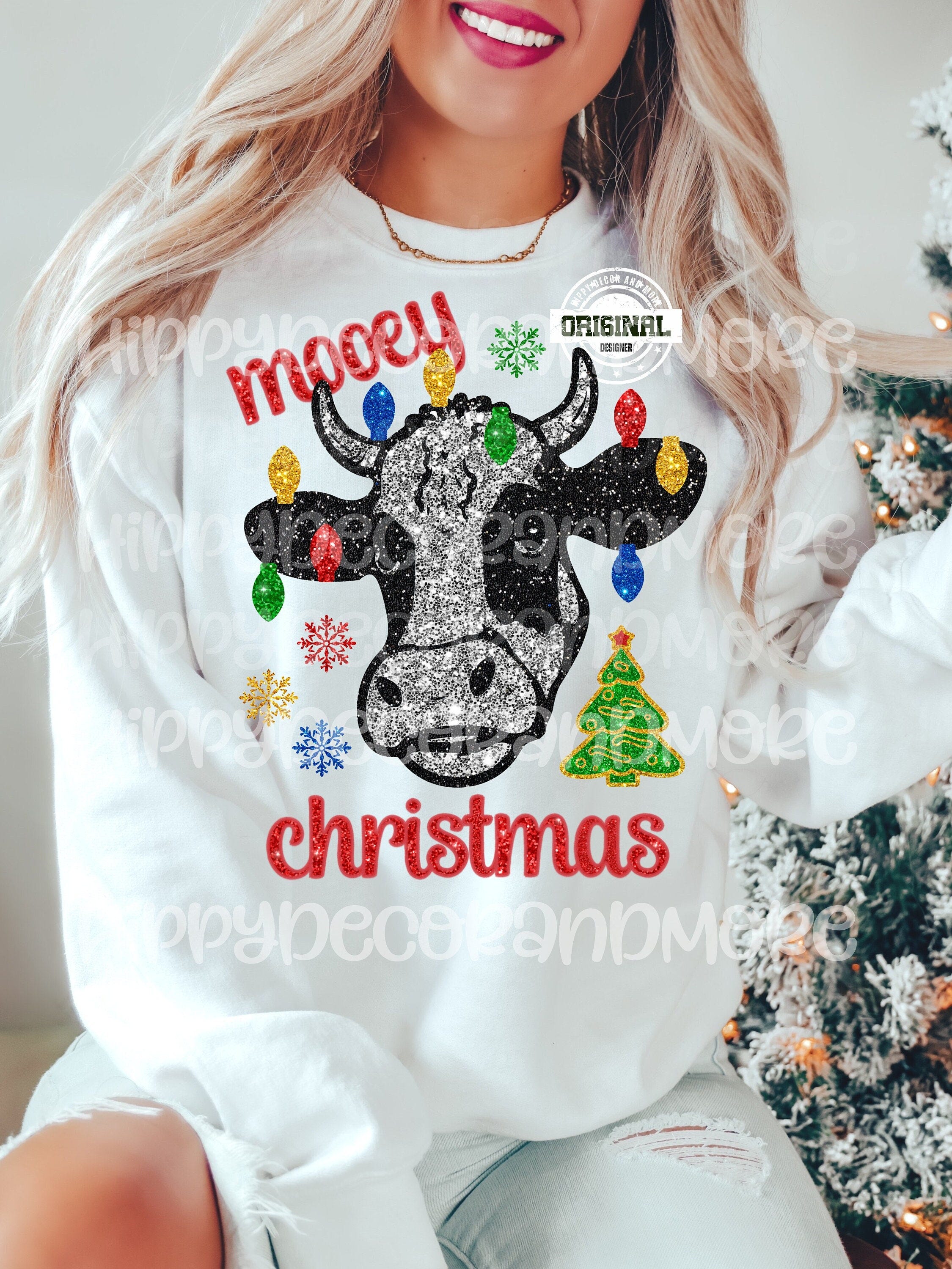 Christmas Cow PNG Mooey Christmas PNG Cute Cow Shirt Sublimation Design Sparkly Glitter Cow Shirt Design