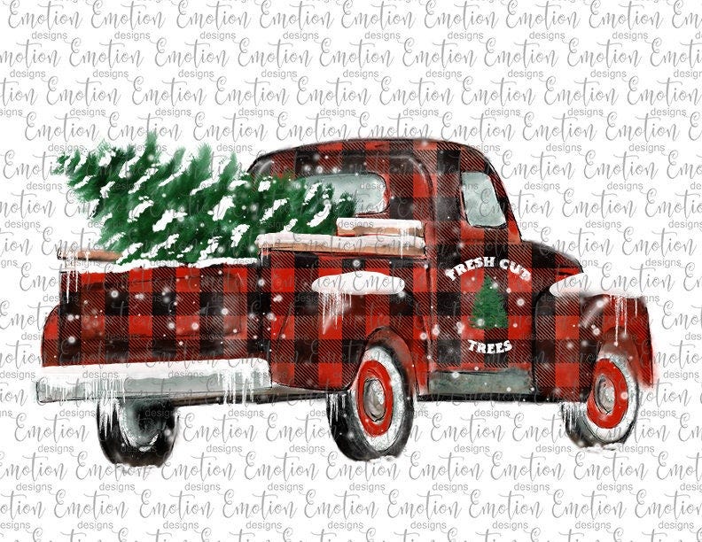 Fresh Cut Trees  hand drawn red truck printable art, instant download, Sublimation graphics, PNG