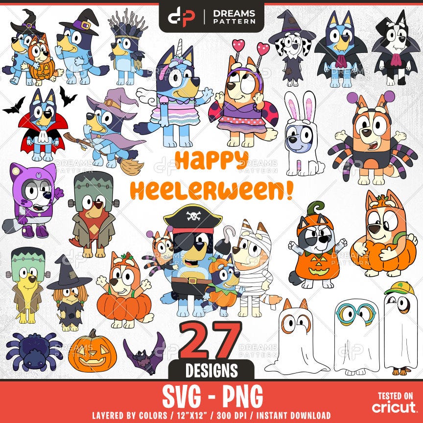 Blue Dog and Friends Halloween Svg, 27 Designs Easy to use, Cartoon Characters, Layered Svg by colors, Transparent Png, Cut files for Cricut