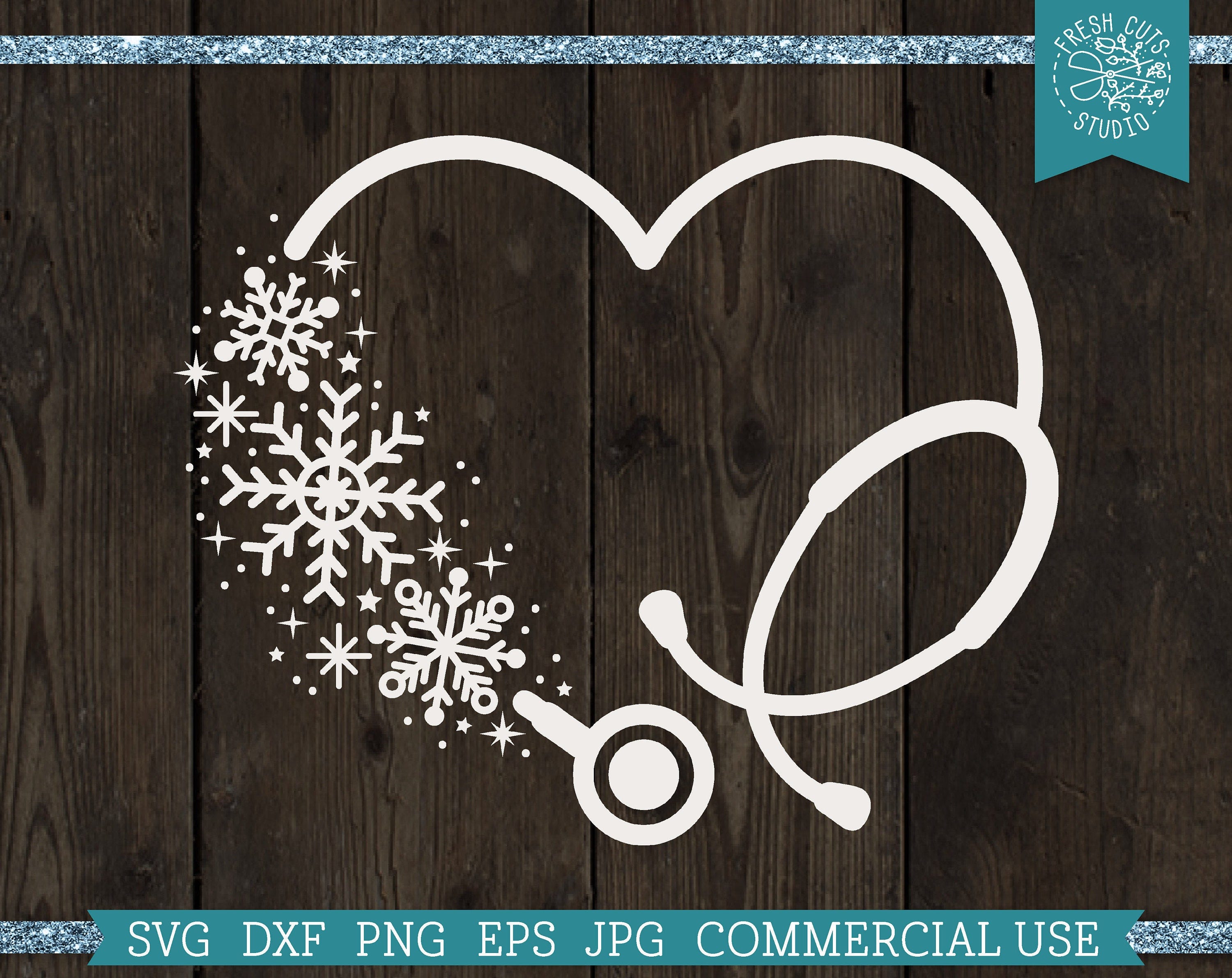 Heart Stethoscope SVG Monogram Frame, Christmas Nurse SVG Winter Snowflake Stethoscope Cut File for Cricut, Silhouette dxf eps svg png jpg