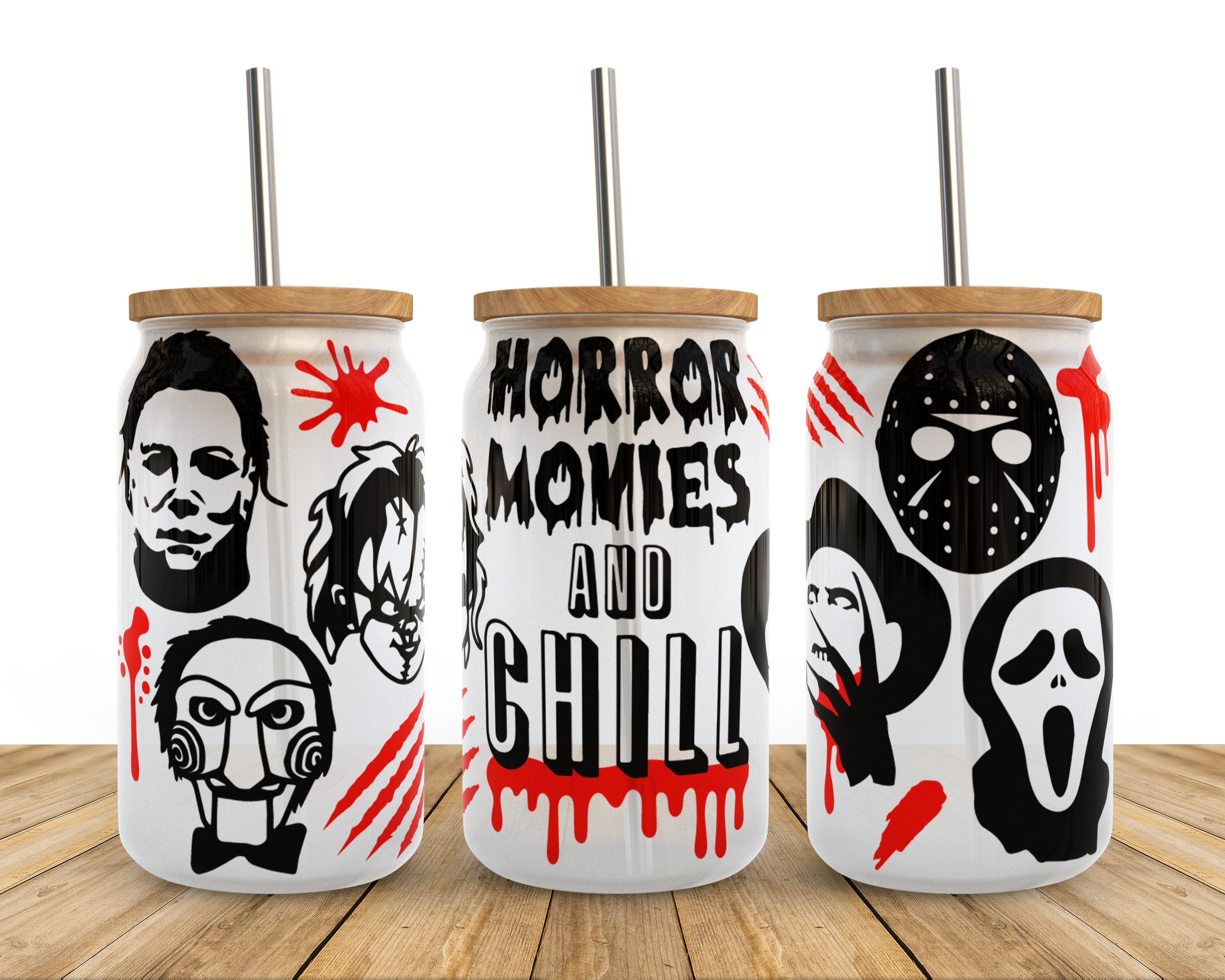 Horror Movies and Chill Svg Libbey Glass Wrap Svg, Spooky Halloween True Crime 16oz Libby Beer Can Full Wrap Cup svg files for Cricut, Png