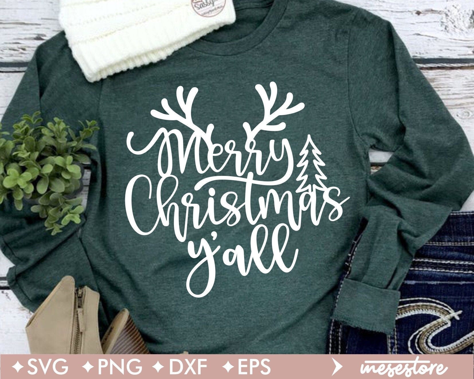Merry Christmas yall SVG File, svg dxf eps png Files for Cutting Machines Cameo Cricut, Rustic Christmas SVG, Antlers SVG File, Reindeer Svg