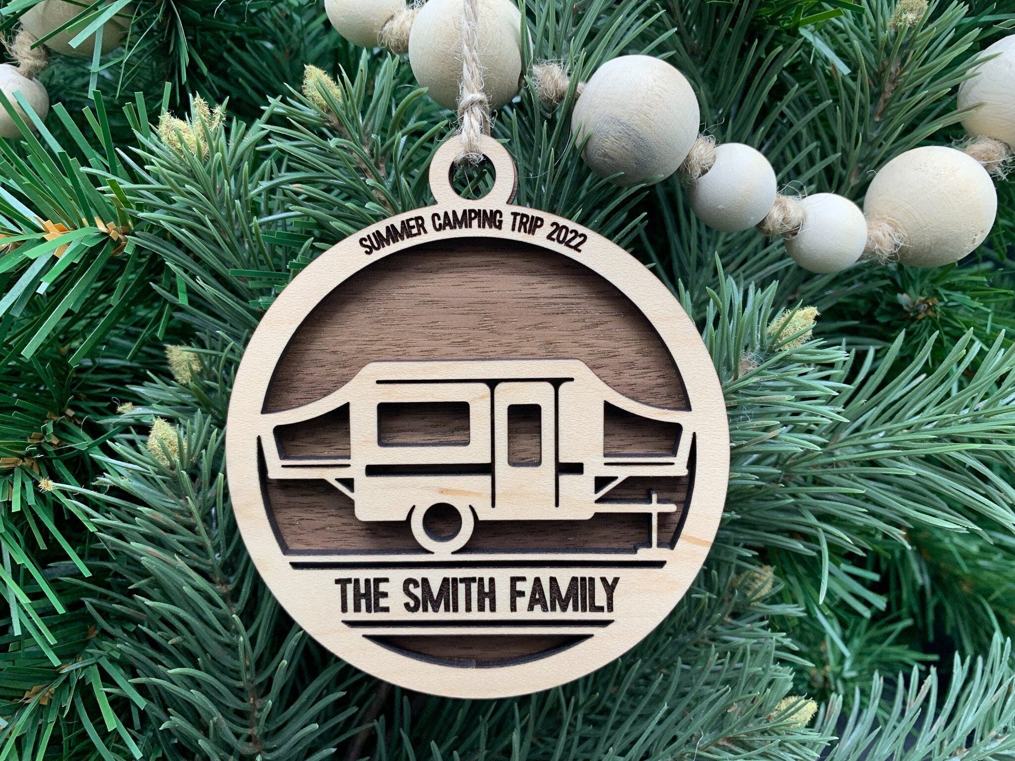 Personalized Wooden Pop-Up Camper Ornament, Camping Trip Ornament, Vacation Ornament