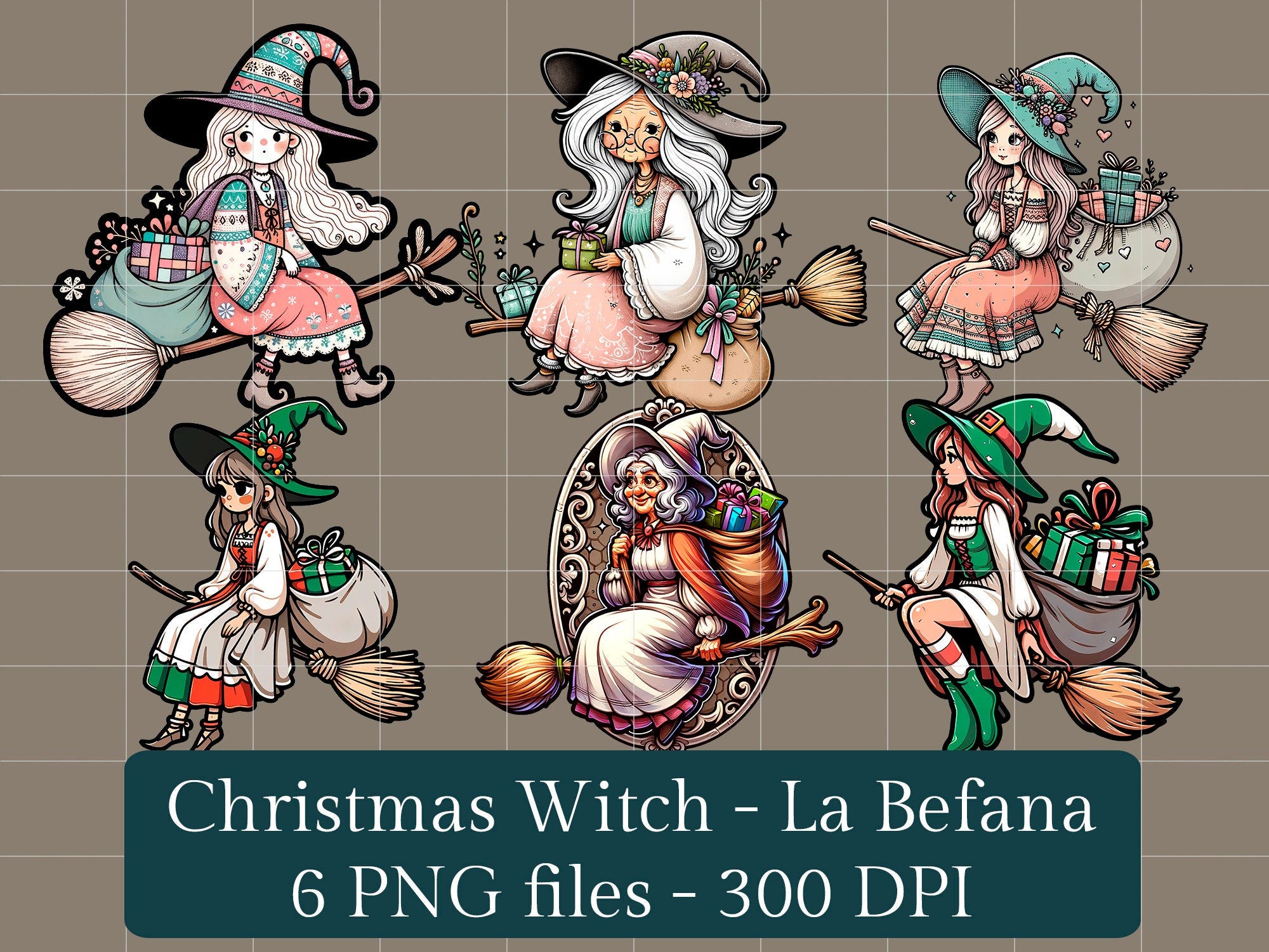 The Christmas Witch La Befana - 6 Diverse and Captivating High-Quality PNG Designs for Print or Digital Art