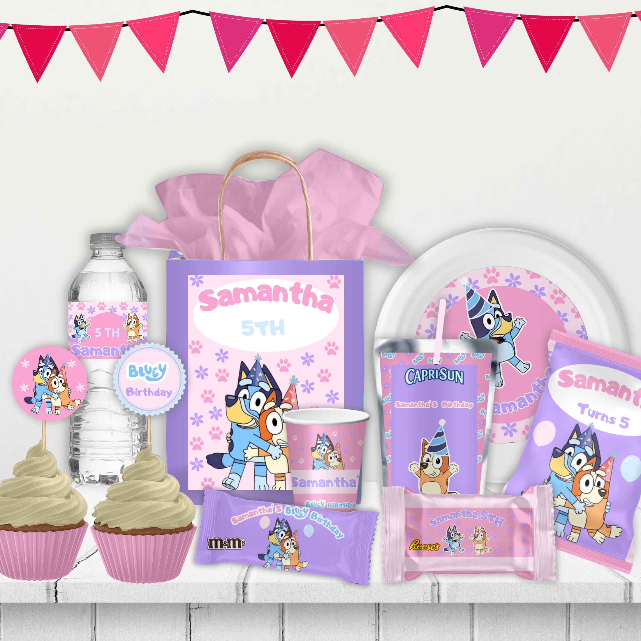 Girl Bluey editable party pack, Cupcake toppers, chip bags template, Bluey Party Bundle, Birthday Decorations, Bluey Party Supplies.