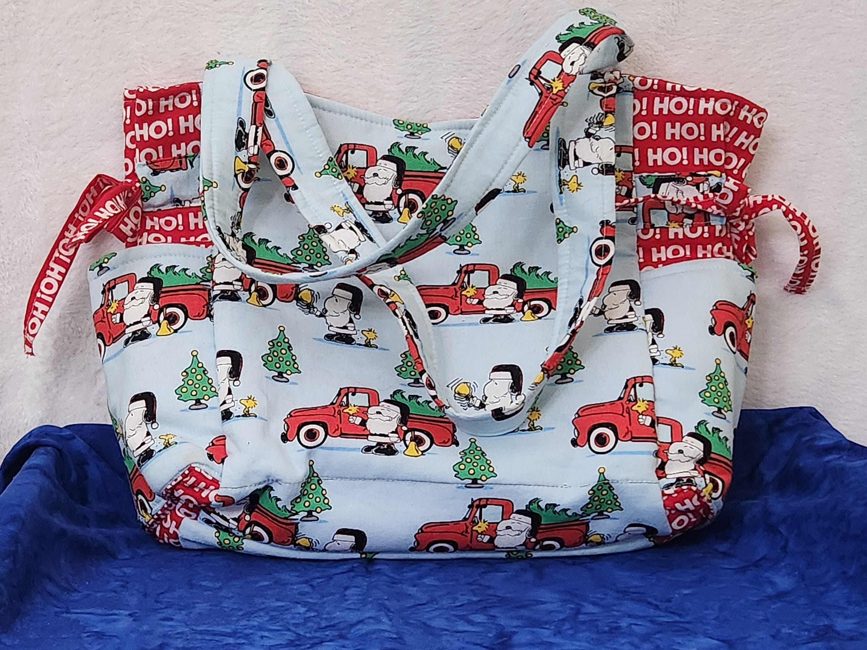 Vintage Christmas Peanuts Santa Snoopy and Woodstock with Christmas Tree Tote Bag