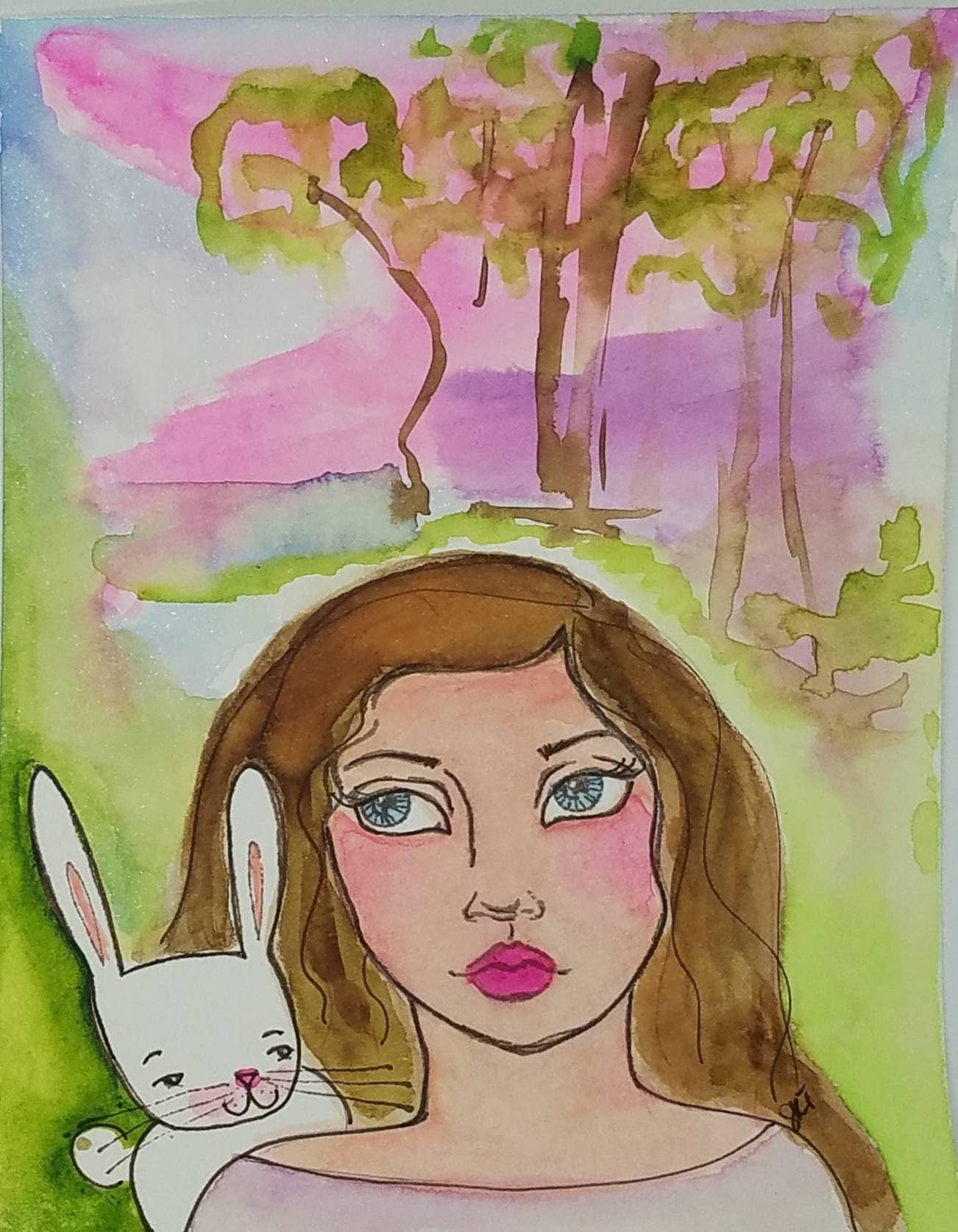 6x5 Beautiful Bunny Love, Michelle and her Bunny Original Mixed Media Watercolor Painting