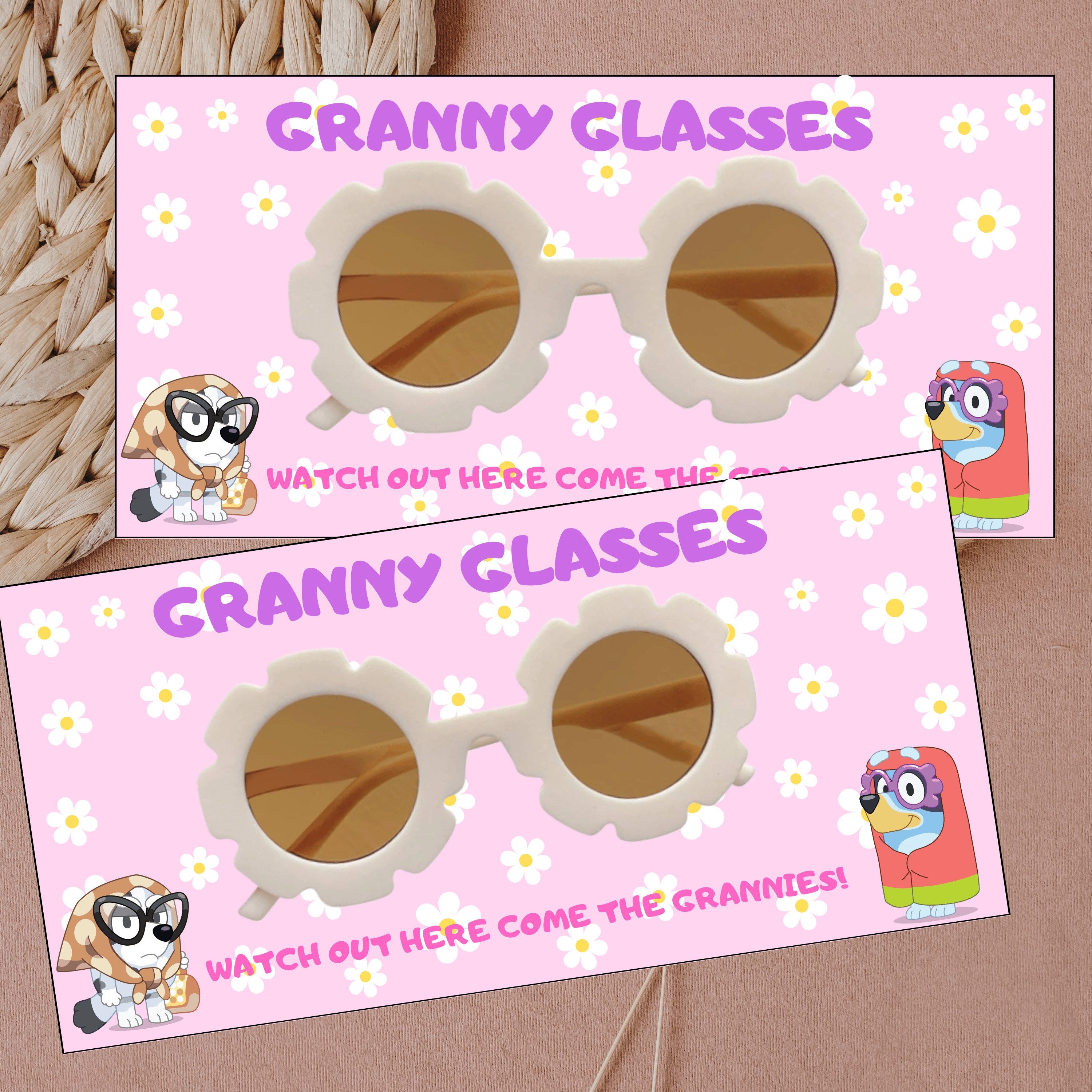 Granny Glasses Bluey Party Favors for Girl, Blue Dog Theme Girls Birthday Invite Card, Bluey and Bingo Pink Birthday Party Decor, DIY Party