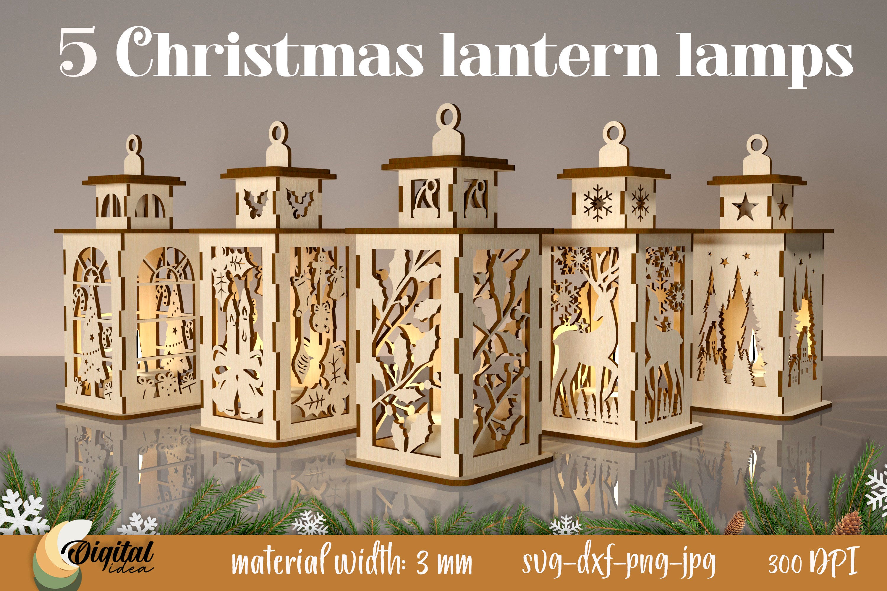 Christmas lanterns laser cut bundle, Candle holder 3D lasercut, Xmas lantern laser, Christmas light SVG, Rustic Xmas Glowforge lamp