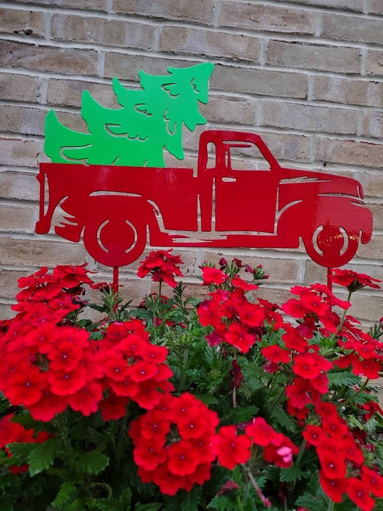 18" Red Christmas Tree Truck, Metal Red Truck Garden Sign