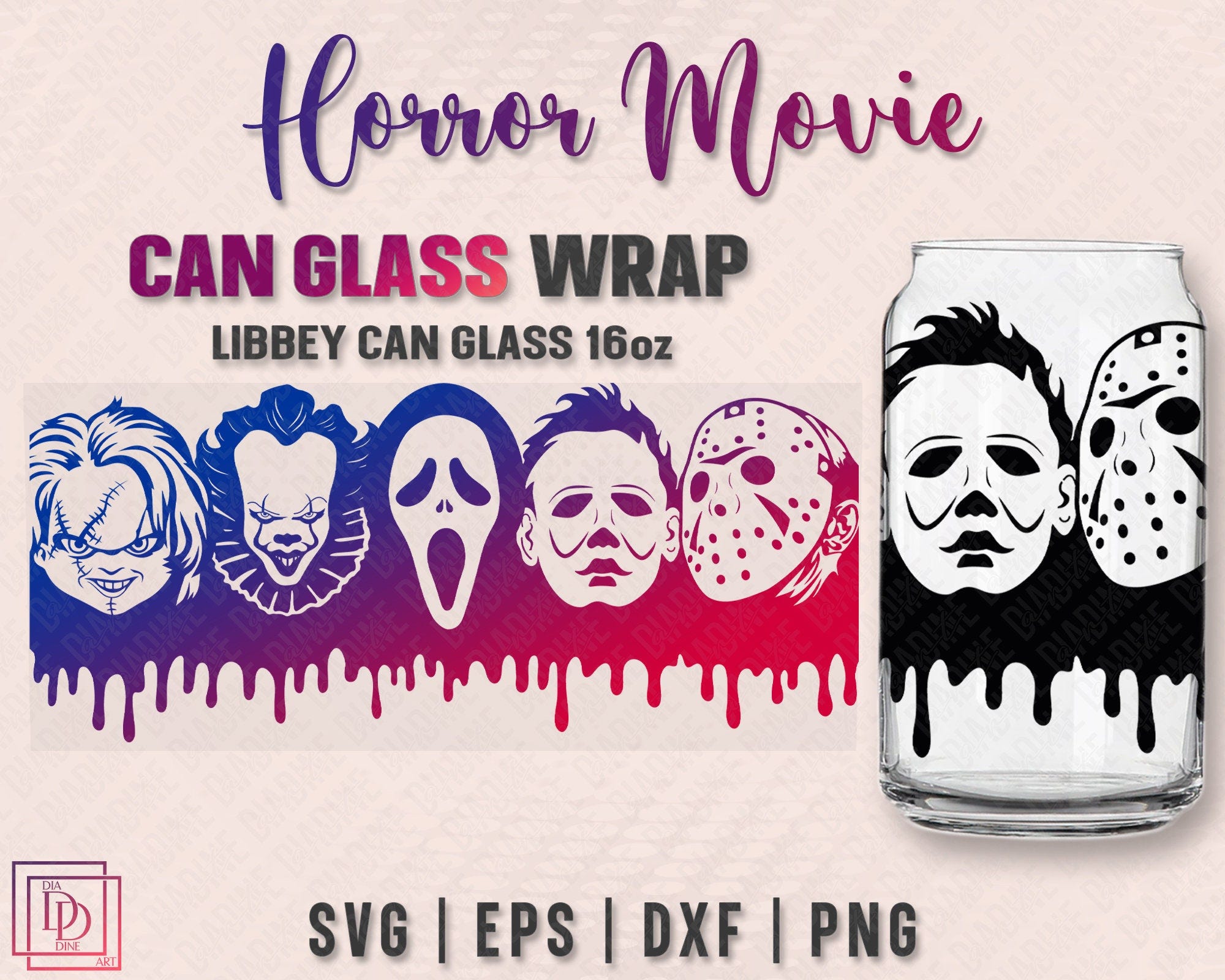 Horror Movies Can Glass Wrap SVG, Halloween Horror DIY Wrap For Libbey Can Shaped Beer Glass 16oz, Vinyl Cut File, Cricut, Silhouette