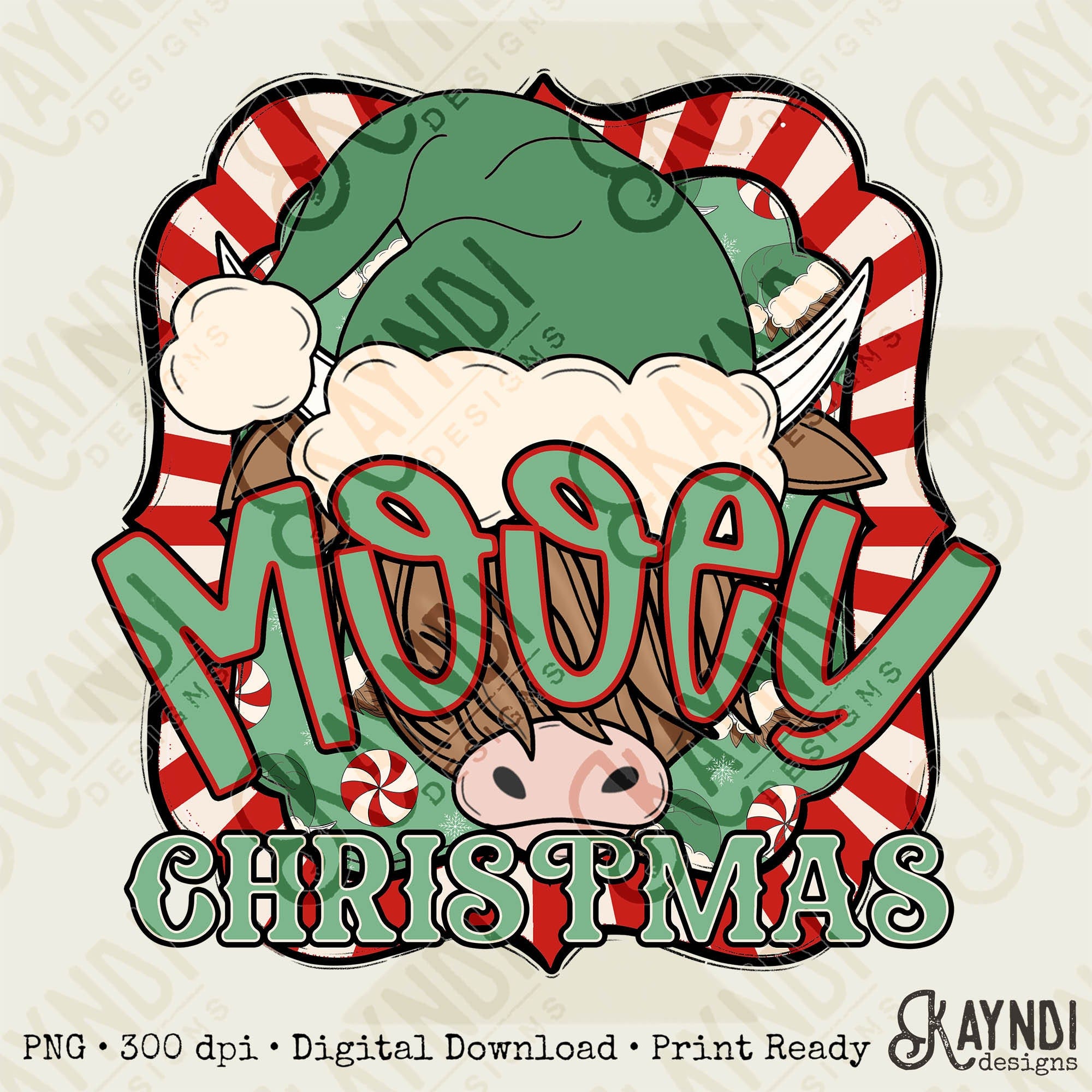 Mooey Christmas Cow Red Green Sublimation Design PNG Digital Download Printable Christmas Cow Furry Cow Santa Hat Candy Cane Merry Christmas