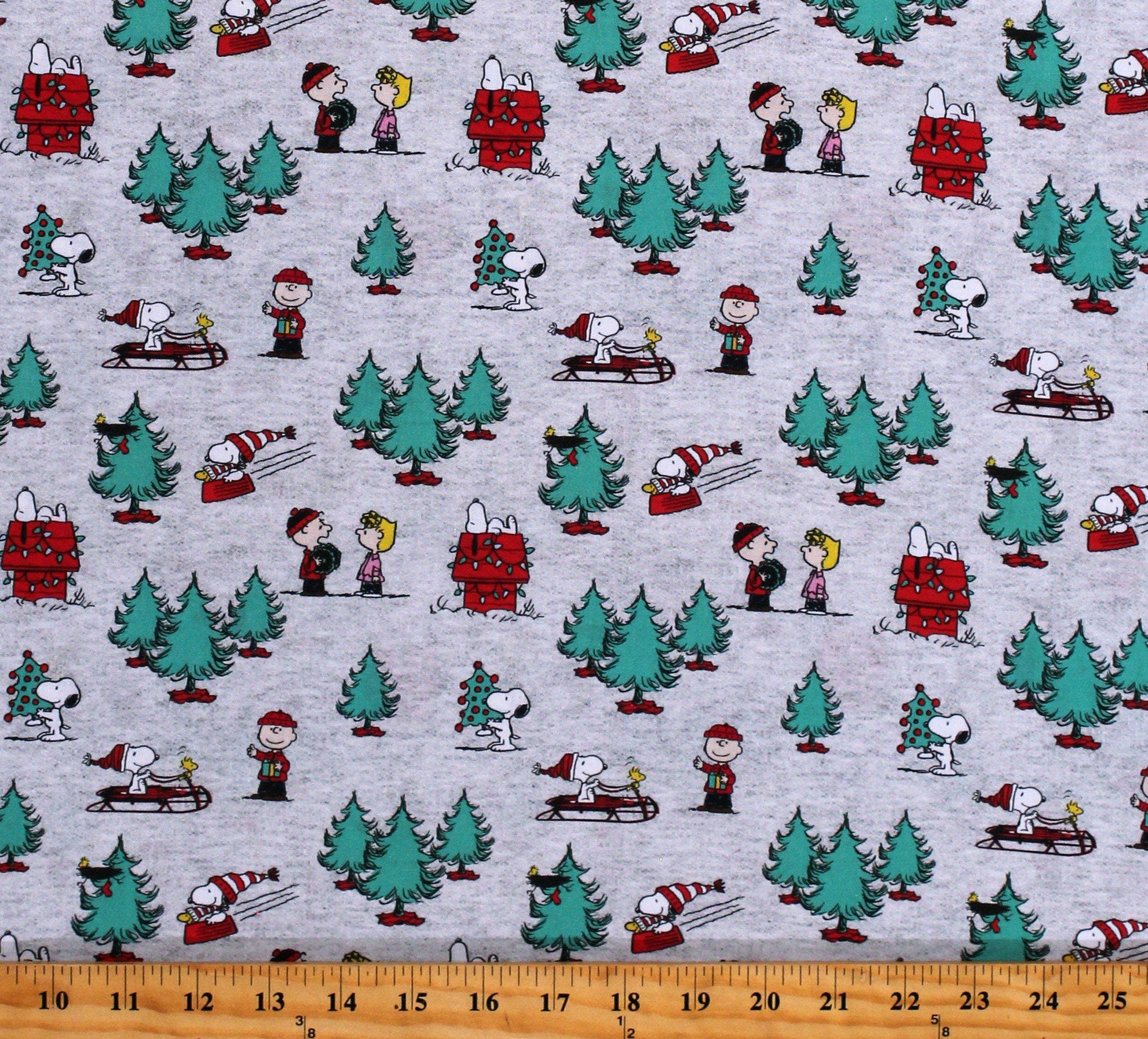 Cotton Peanuts Christmas Charlie Brown Snoopy Woodstock Sally Christmas Trees Sleds Kids Gray Cotton Fabric Print by the Yard D403.38