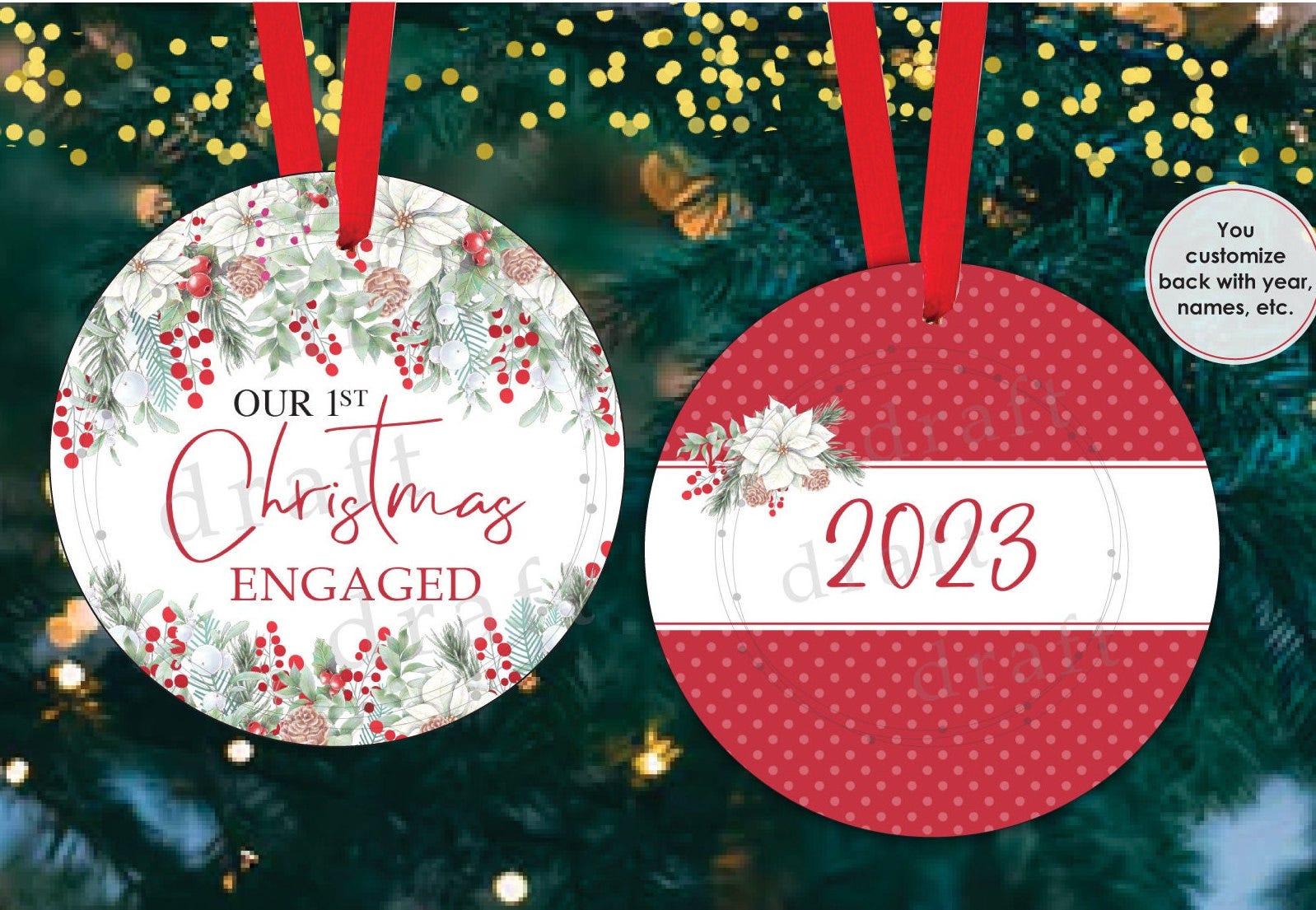 1st Christmas ENGAGED • 2 Ornament Designs • Engagement • Round Christmas Ornament • Circle => Sublimation Digital Design File Png