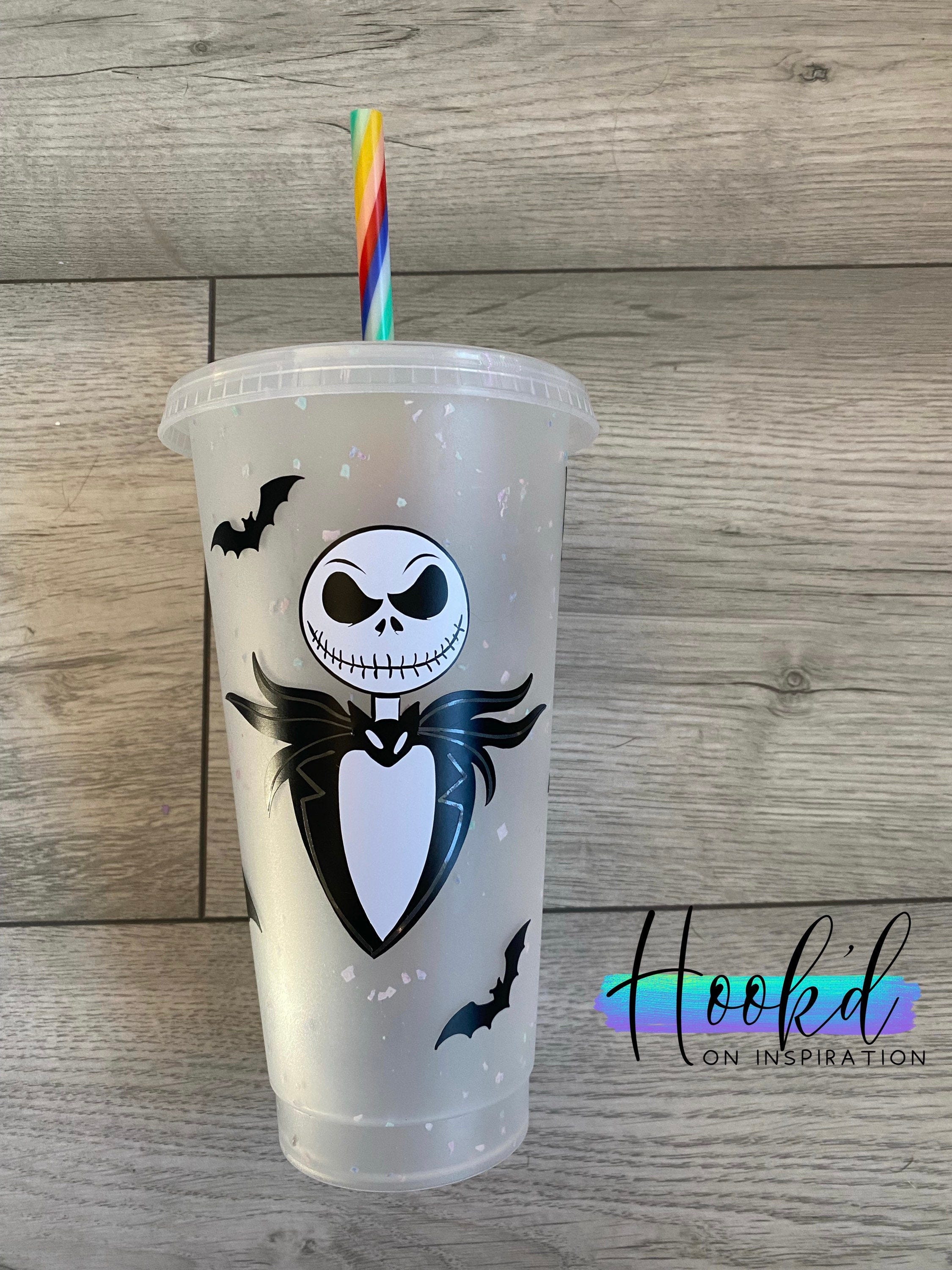 Jack Skellington Nightmare Before Christmas inspired Confetti/Glitter cup. Straw Topper Optional. Can be personalised, great gift idea.
