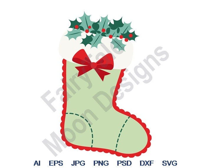 Christmas Stocking - Svg, Dxf, Eps, Png, Jpg, Vector Art, Clipart, Cut File, Christmas Stocking Svg, Xmas Bow Svg, Holly Decoration Svg