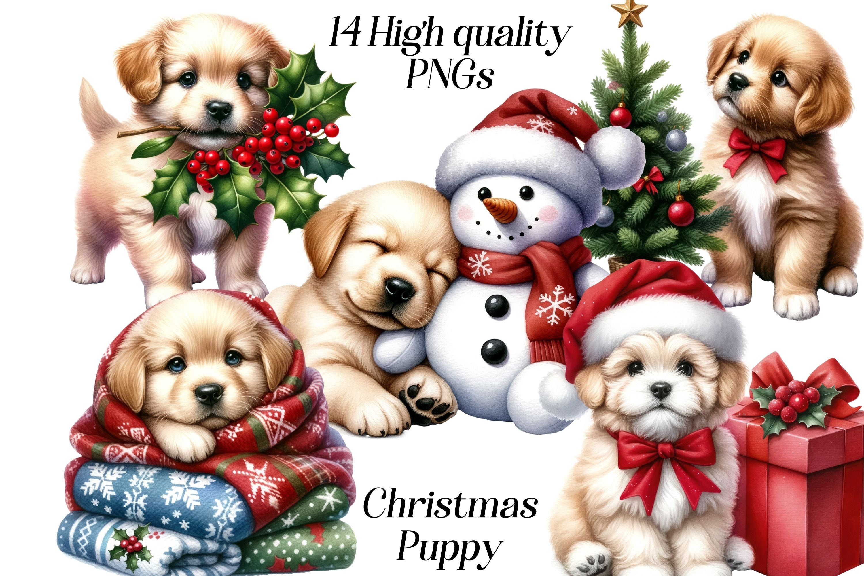 Watercolor Christmas Puppy clipart, 14 high quality PNG files, christmas graphics, cute puppy images, winter festives, printables