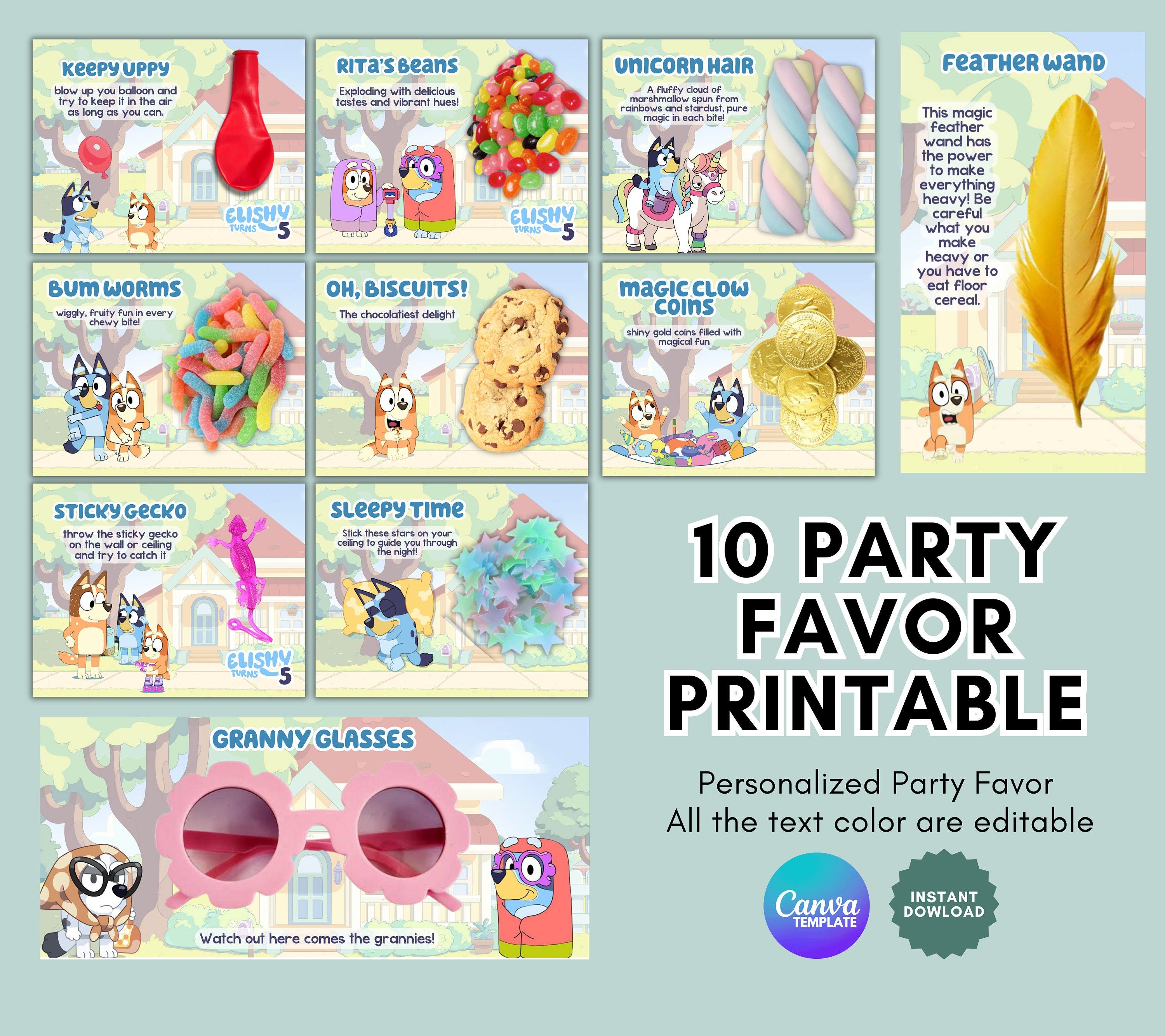 10 Bluey Party Favor Printables, Birthday Treat Blundles Bluey, Personalized Bluey Party Favor Labels Keepy Uppy Granny Glassss, Canva