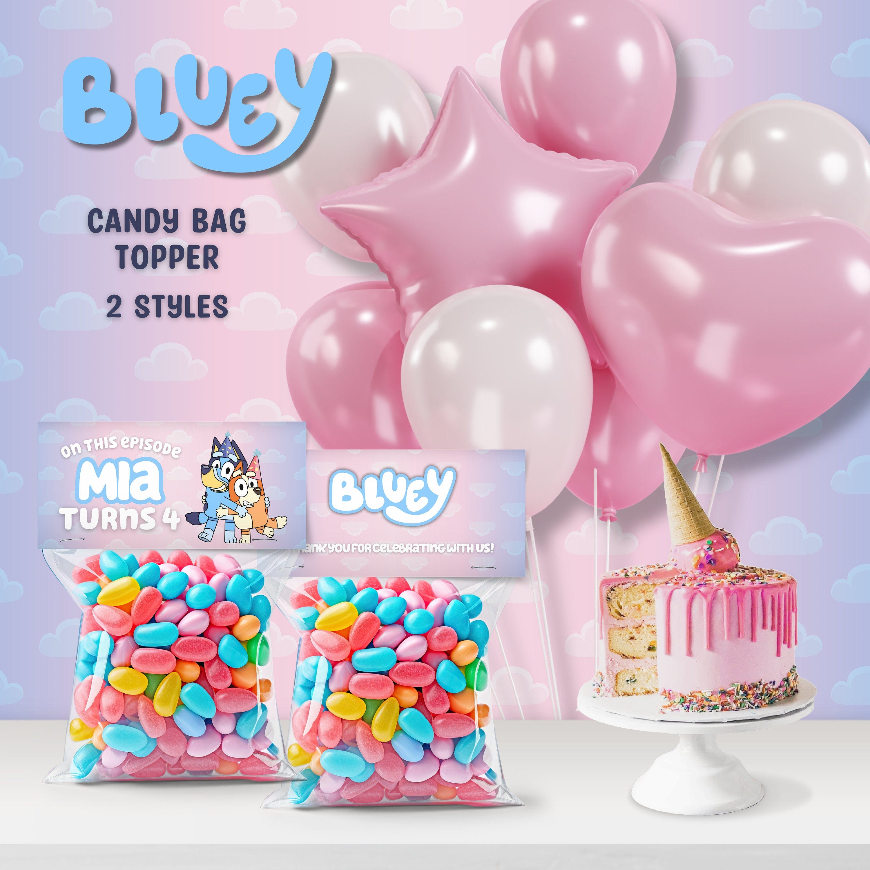 Bluey Editable Candy Bag Topper, Customizable Favor Bag Topper, Canva Edit Birthday Party Favor