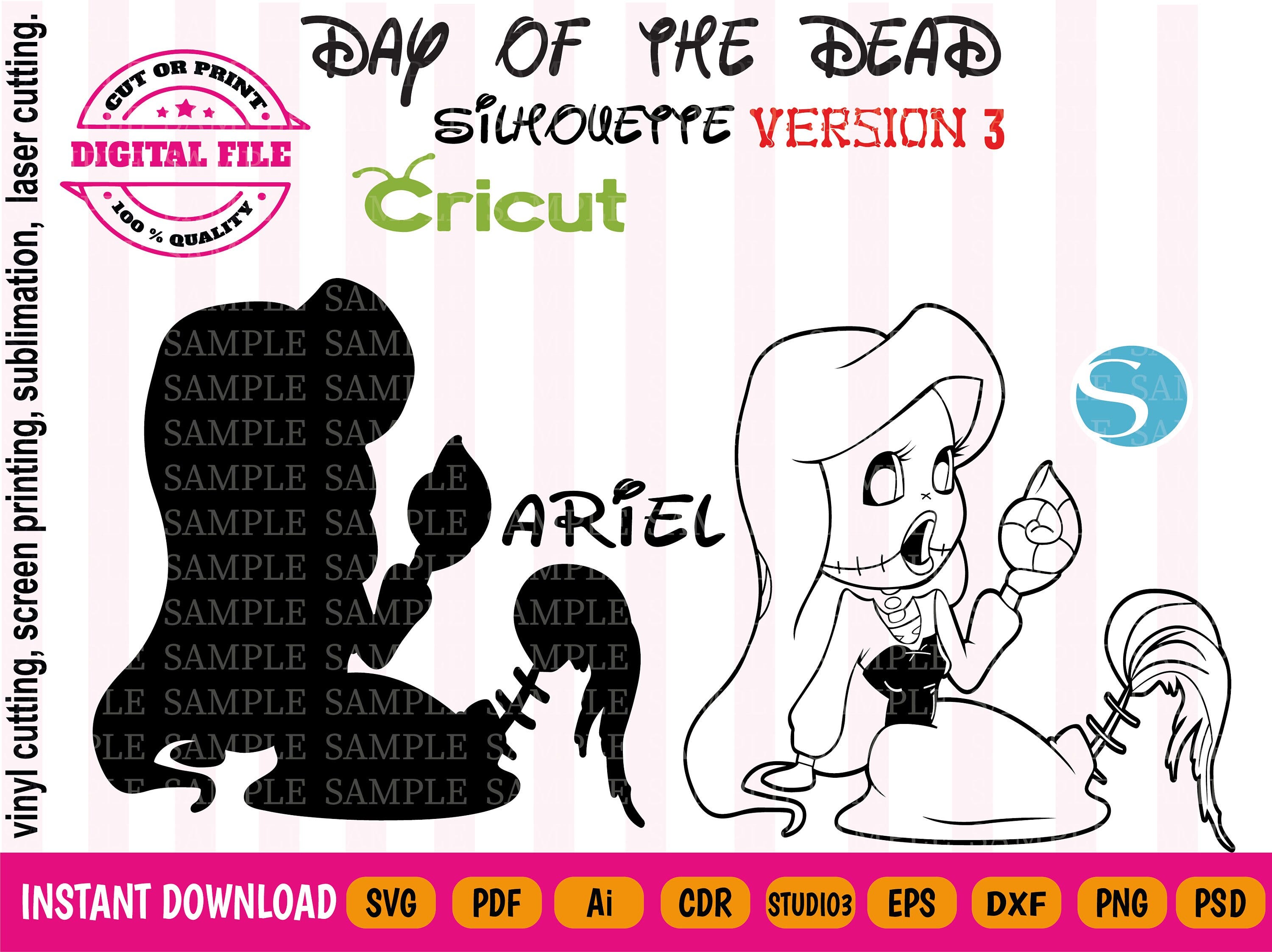 Princess Day of the Dead Svg V3 + Gifts - Ariel Silhouette Svg - Little Mermaid - Princess sugar Skull SVG - Halloween Svg - Catrina Svg