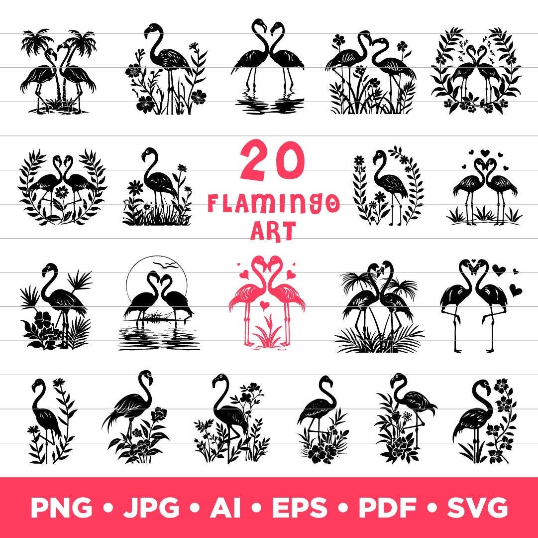 Flamingo bundle 20 arts SVG, Two flamingos kissing SVG, Flamingo clip art png, Floral flamingo SVG, Laser engraving files, Cricut file svg