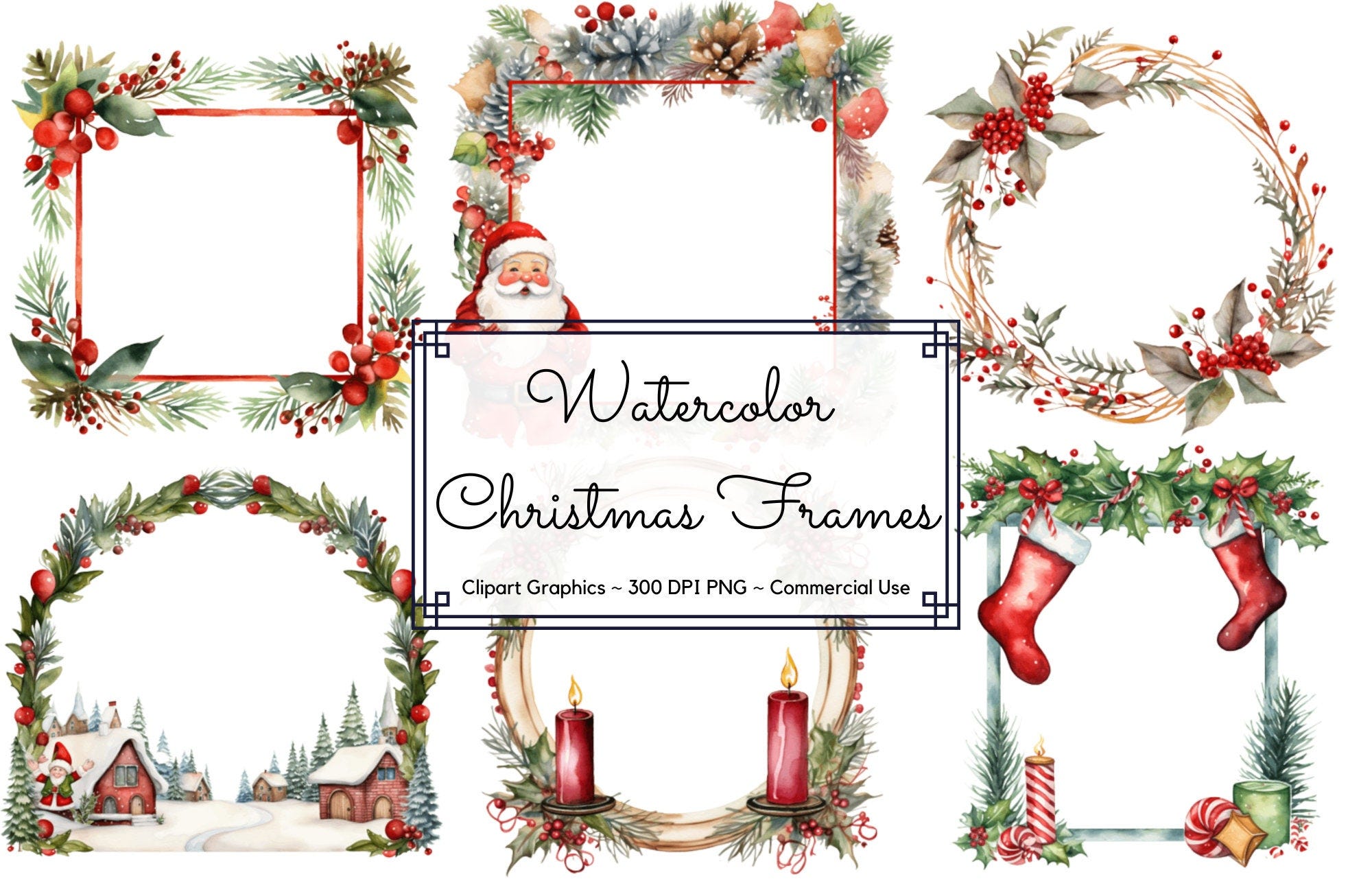 25 Watercolor Christmas Frames Clipart Bundle - Christmas Watercolor PNG format instant download - Commercial Use - Transparent Backgrounds