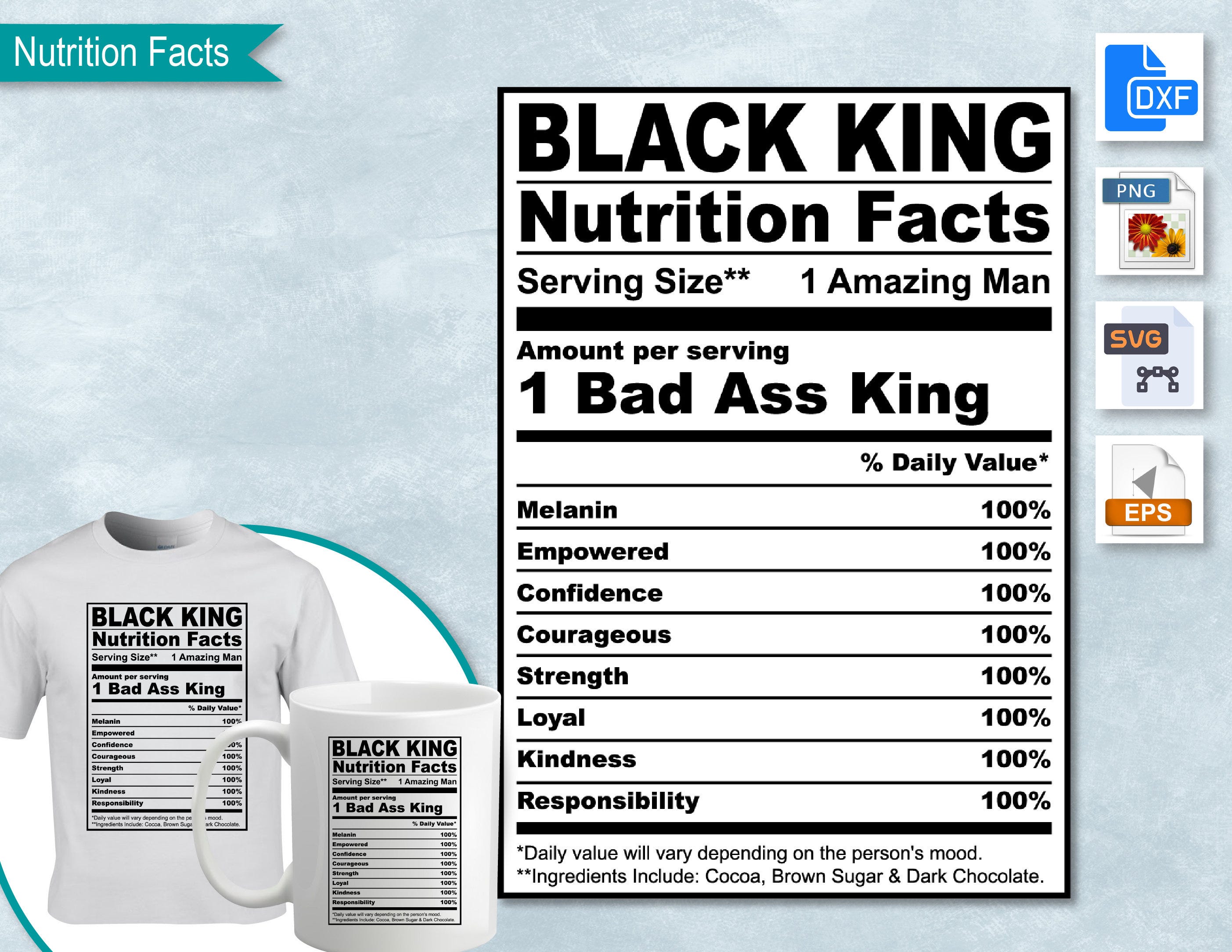 Black King Nutrition Facts, Black King, Black Man SVG Nutritional Fact Label Template, Printable DIY, Eps, PNG, SvG, DxF, Cricut, Silhouette