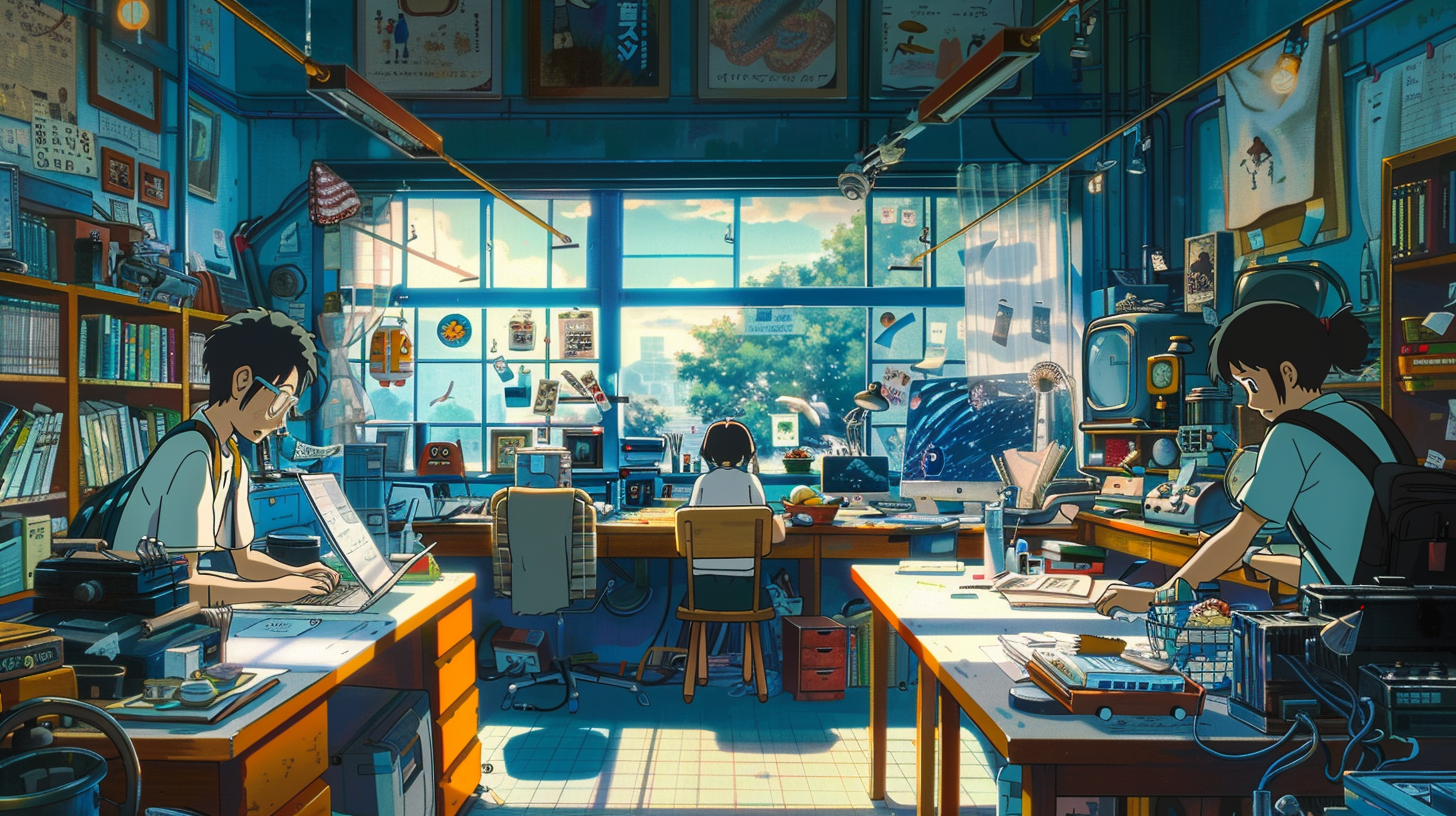 People working on a design system, Studio Ghibli anime style. As imagined by Midjourney.