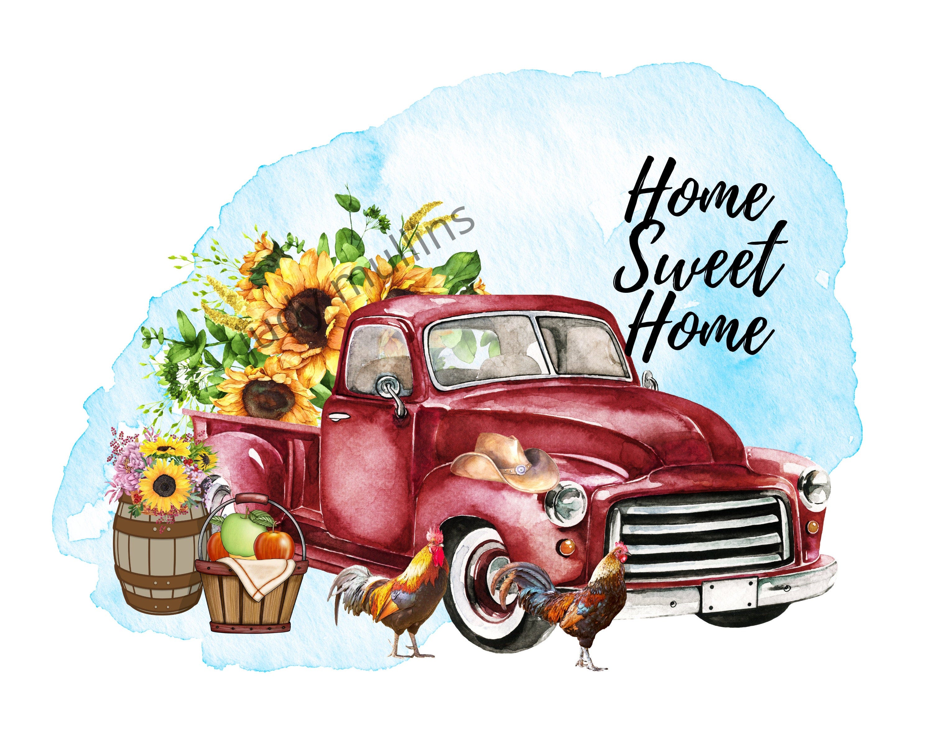 home sweet home, farm red truck png, red truck clipart, wall decor, down on the farm, farmhouse clip art, ditital red truck, door sign