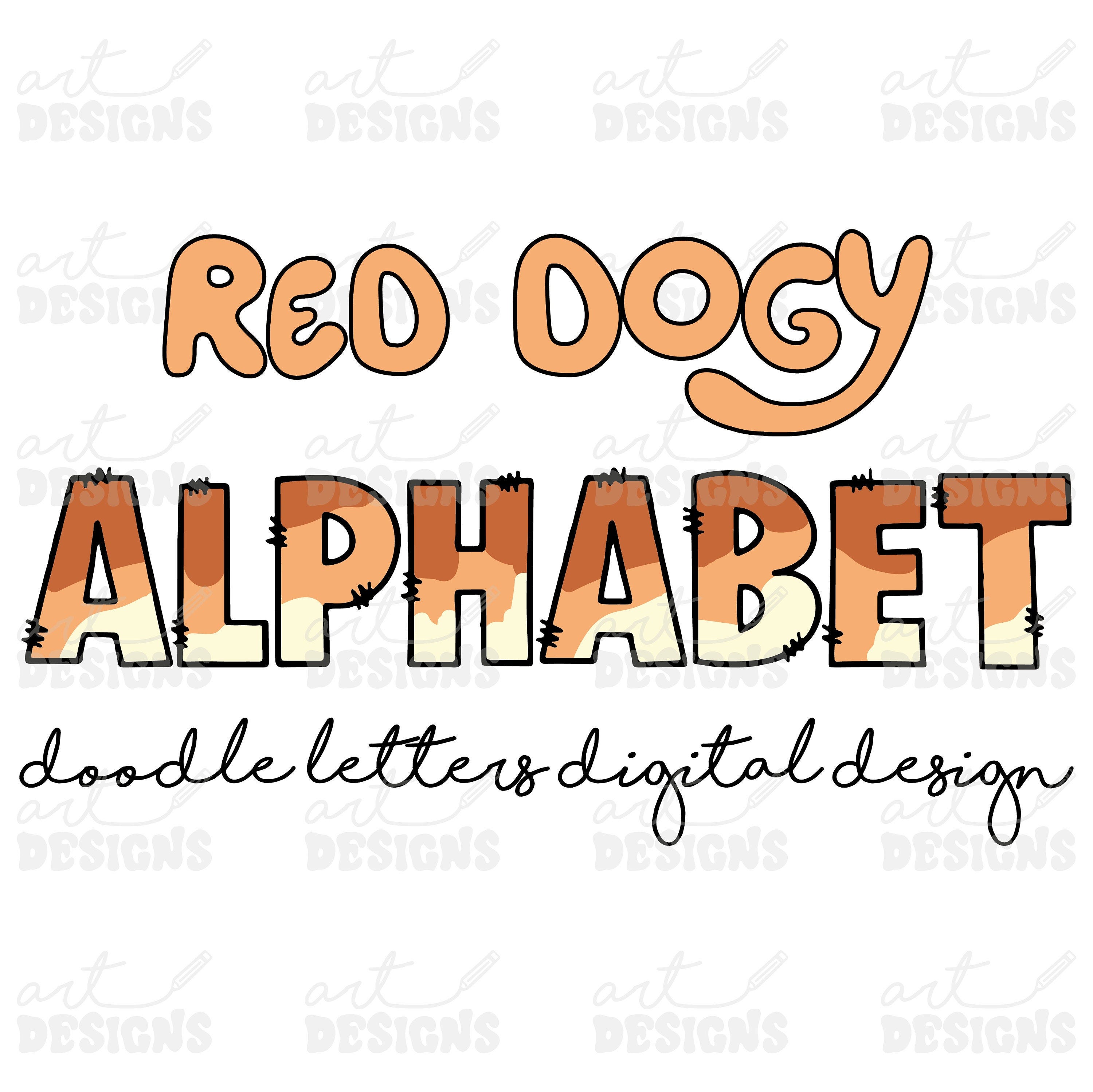 Red Dog Doodle Letters + Clipart Elements,  Uppercase Alphabet Set, Blue Dog Sister Sublimation Letters,  PNG