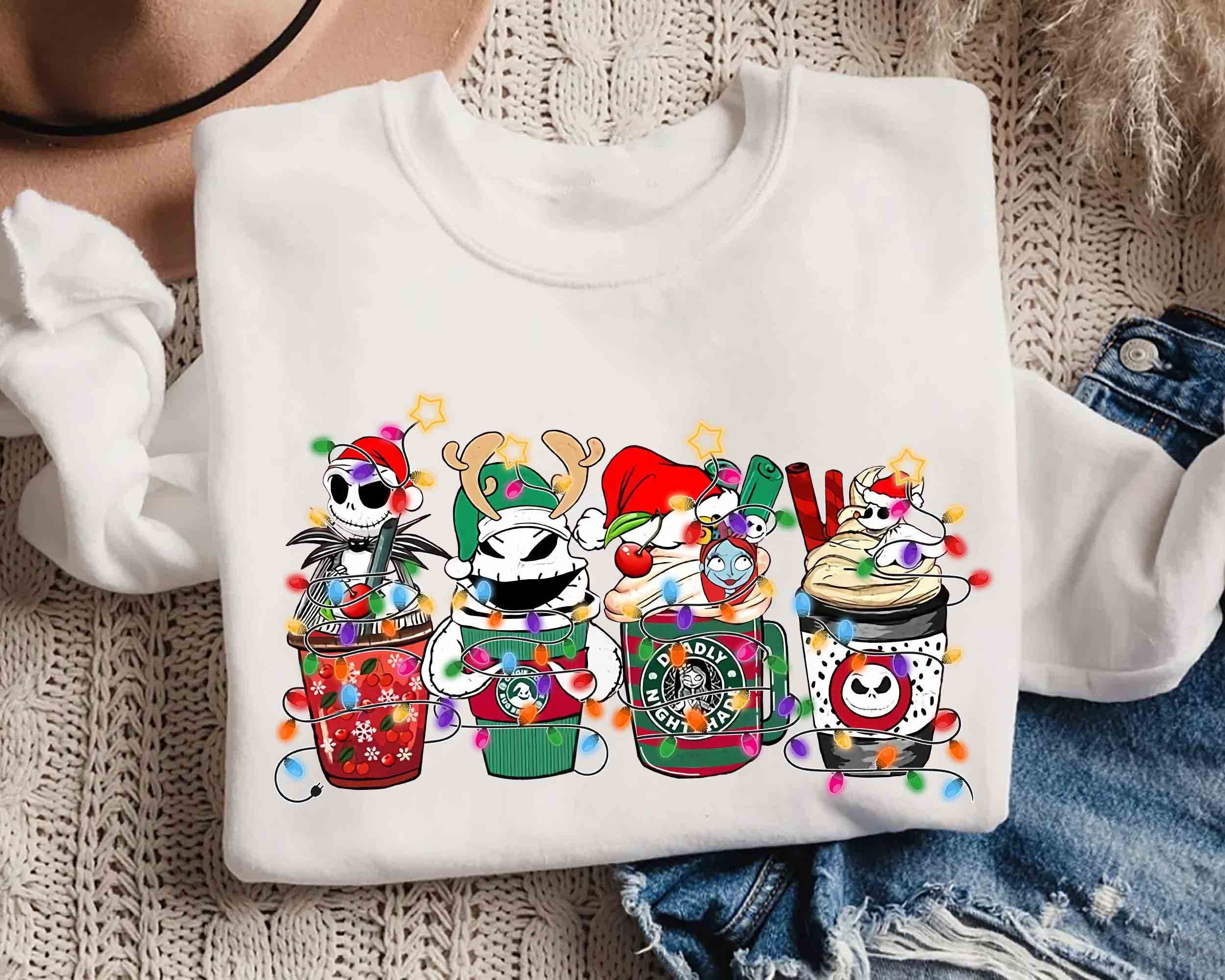Nightmare Before Christmas Coffee Tea Sweater, Disney Xmas Latte Drink Cup Lights Tee, Jack and Sally Epcot Shirt, Disneyland Vacation Gift