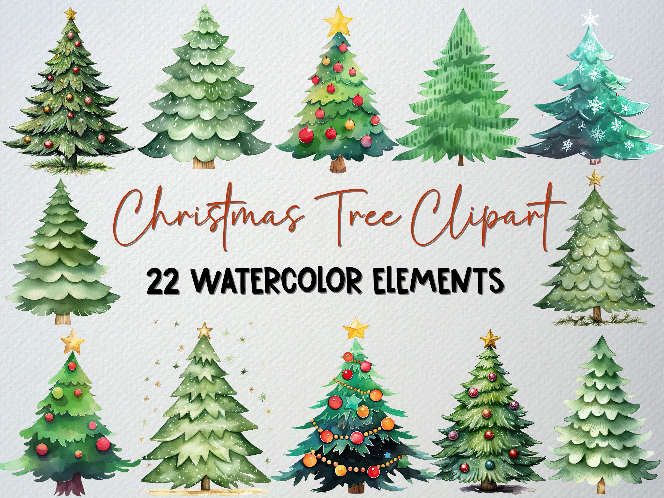 Watercolor Christmas Tree Clipart Set Of 22 PNG Files, Winter Clipart, Pine Tree Clipart,Christmas Decor,Festive Clipart, COMMERCIAL LICENSE